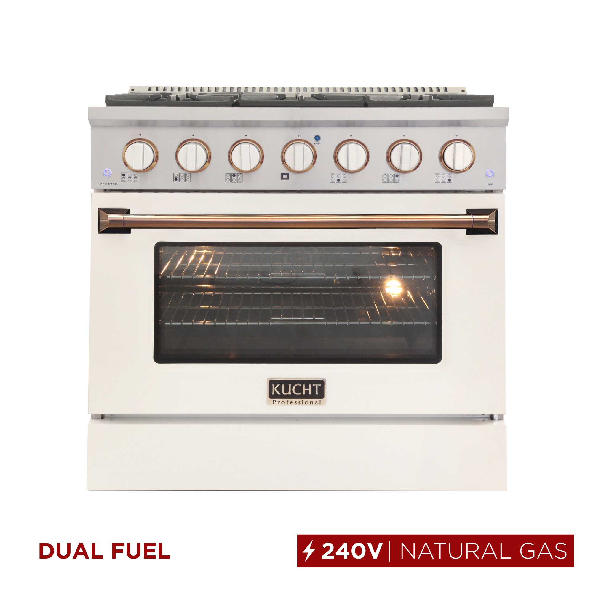 Kucht KDF362-W-GOLD 36-in Deep recessed 6 burners Convection Oven Freestanding Dual Fuel Range ( White Gold )