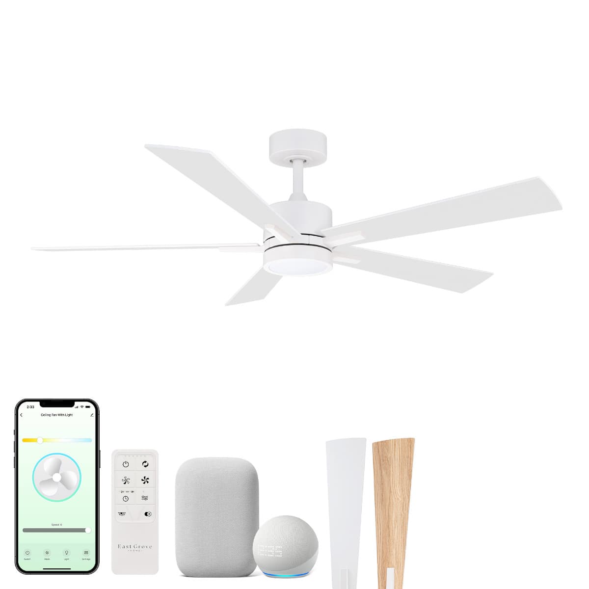 East Grove Home Bali 52in 5-Blade Smart Ceiling Fan 2700K-6000K CCT Tunable Range LED Light Kit in Matte White with Reversible White and Natural Wood Blades Works With iOS or Android App