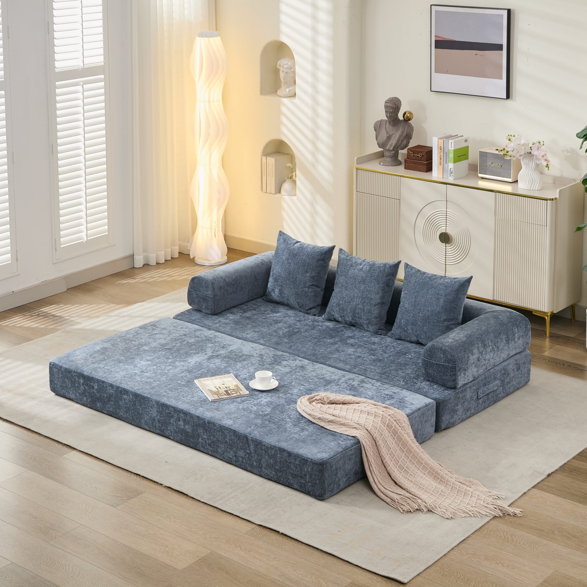 KTMBDW 78.8-in Convertible Sofa Bed - Blue Chenille Folding Mattress Couch with Armrest and 3 Pillows for Living Room Bedroom