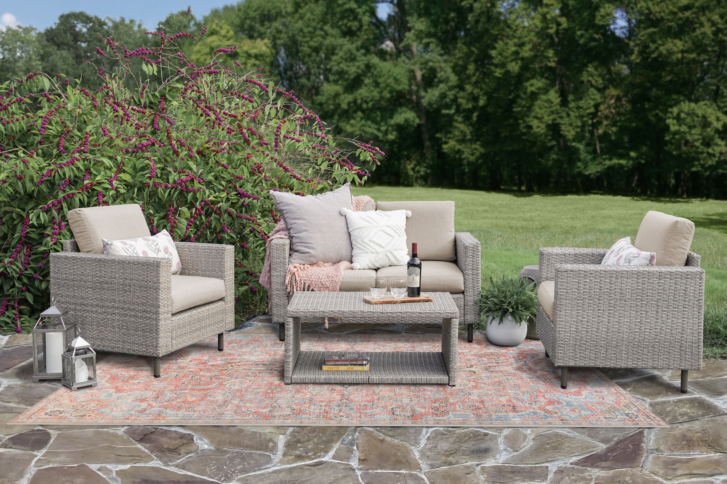 Leisure Made Tybee 4-Piece Wicker Patio Conversation Set with Tan ...