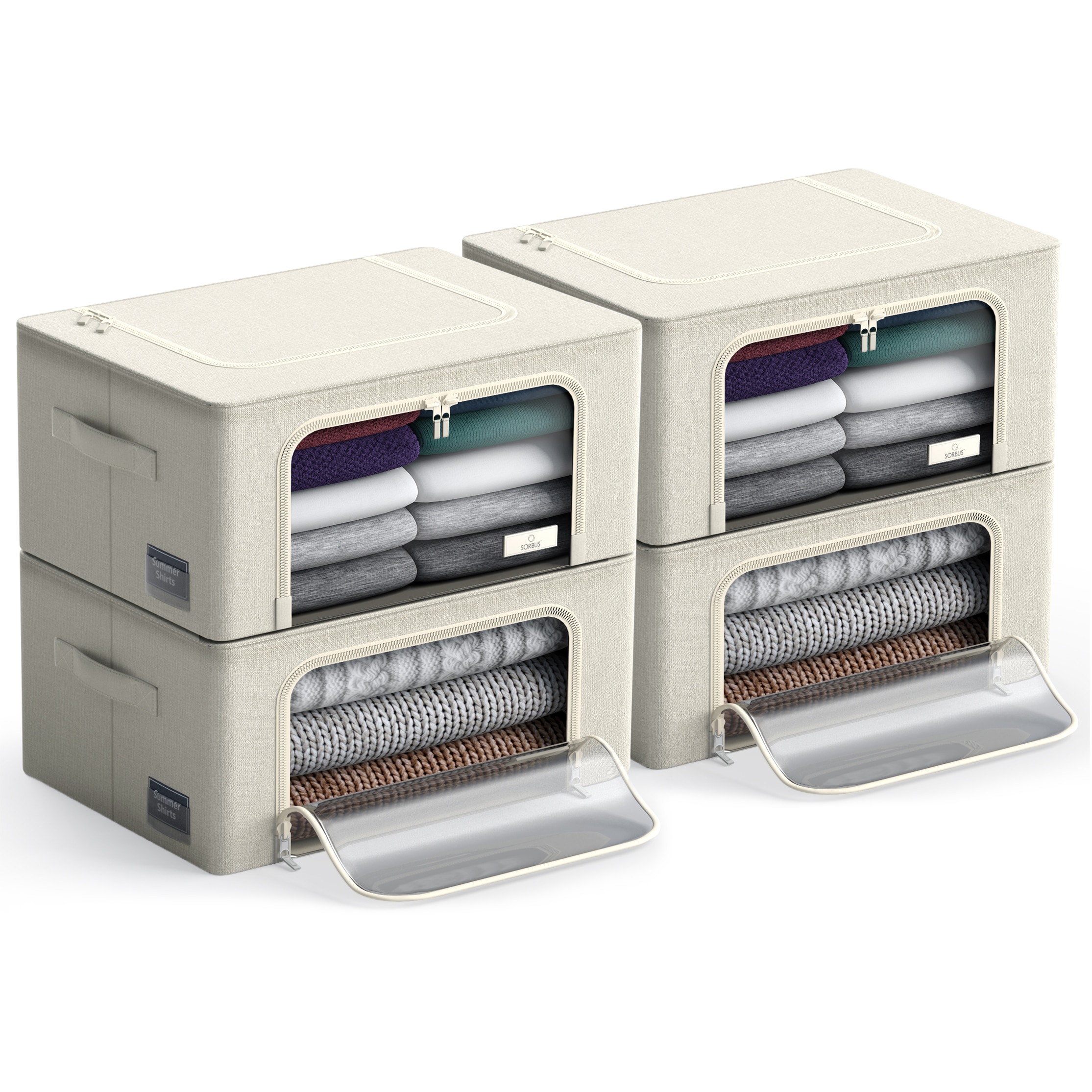 SORBUS  4 Pack Small Foldable Storage Box Metal Frame Oxford Fabric Large Window and Handles Organization for Bedroom Linens and Clothes