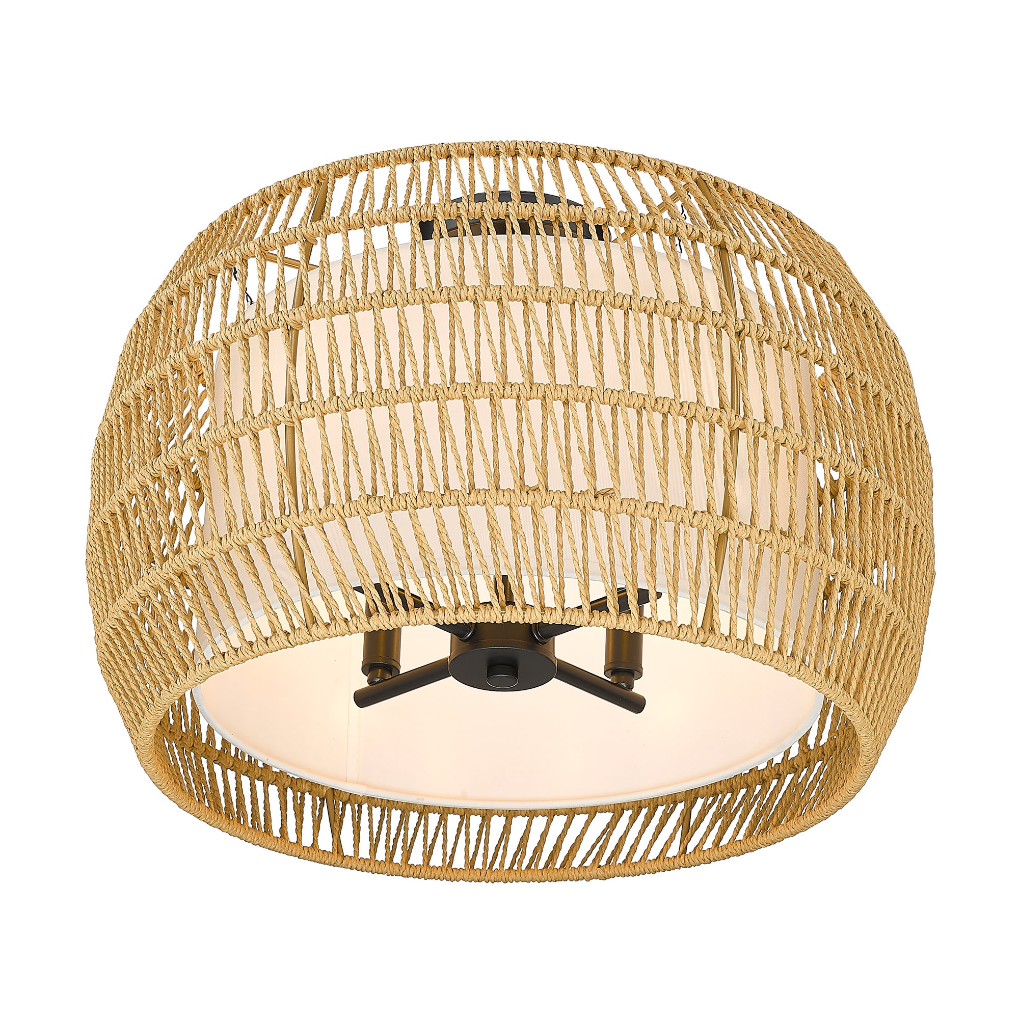 Matte Black and Natural Rattan Drum Semi-Flush Mount Light