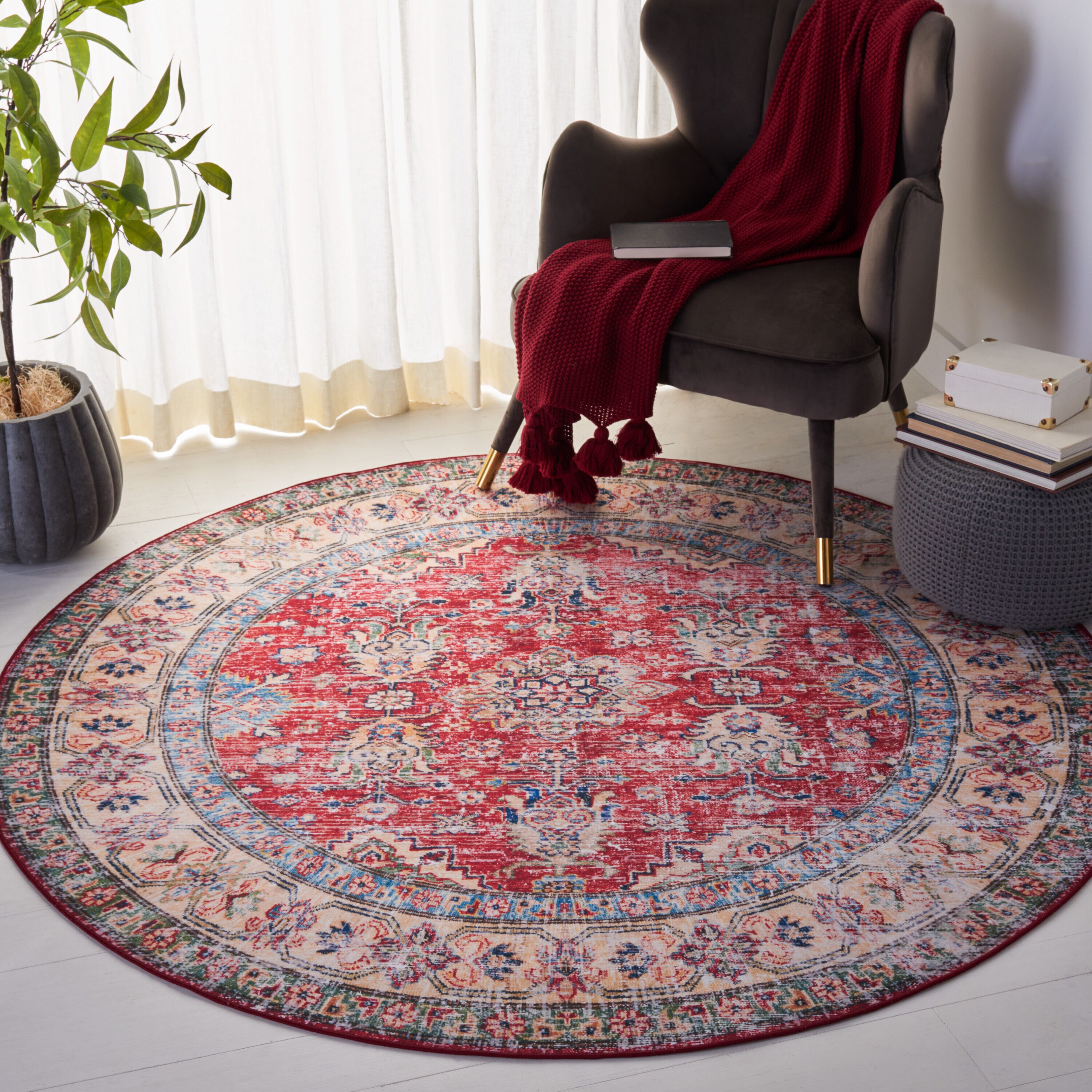 Safavieh TSN196P-6R Tucson 6 x 6 (ft) Loomed Polyester Rust/Beige Round Indoor Border Machine washable Area rug
