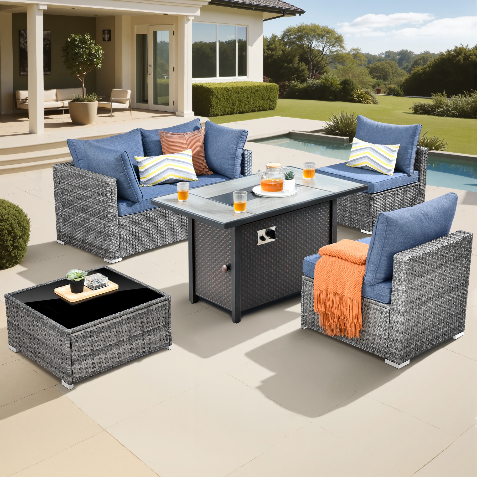 Pouuin SCFPHOP305 5 -Piece Wicker Patio Conversation Set with Blue Cushions