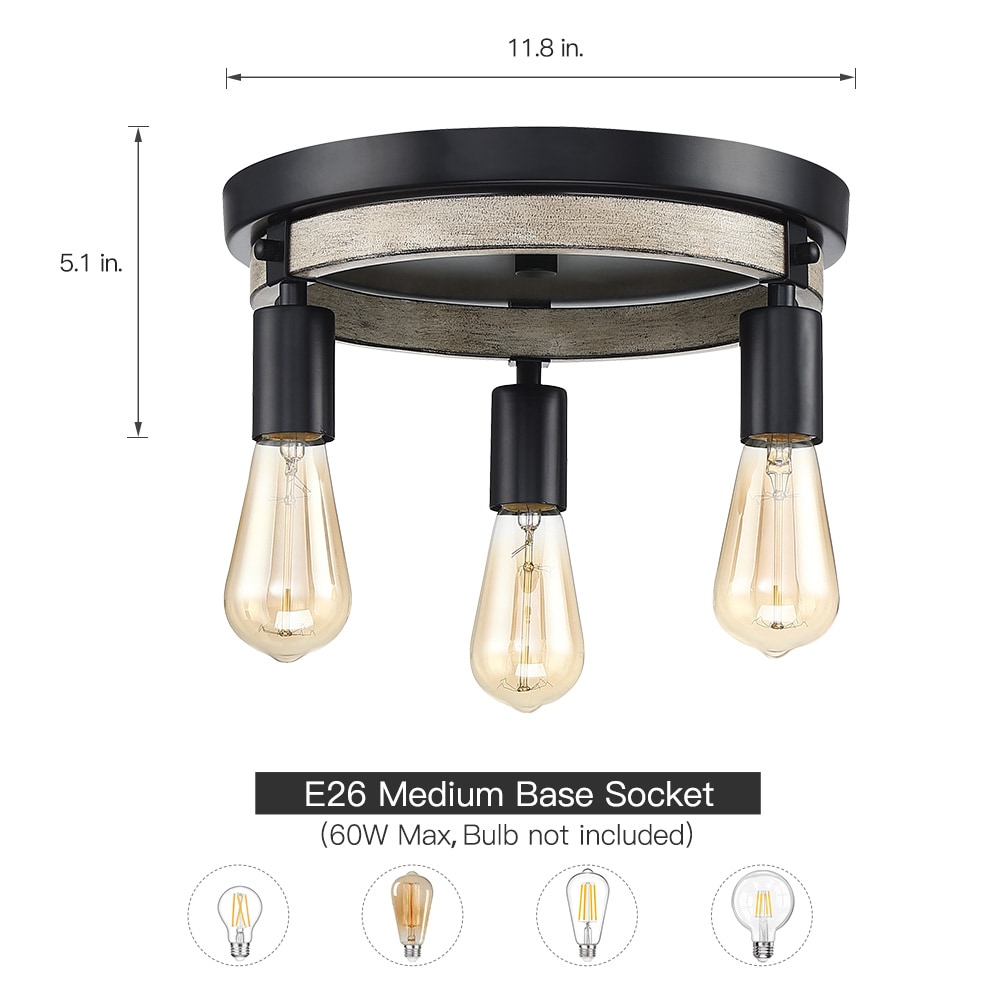 True Fine 3-Light 11.8-in Black and Distressed Faux Wood LED Flush ...