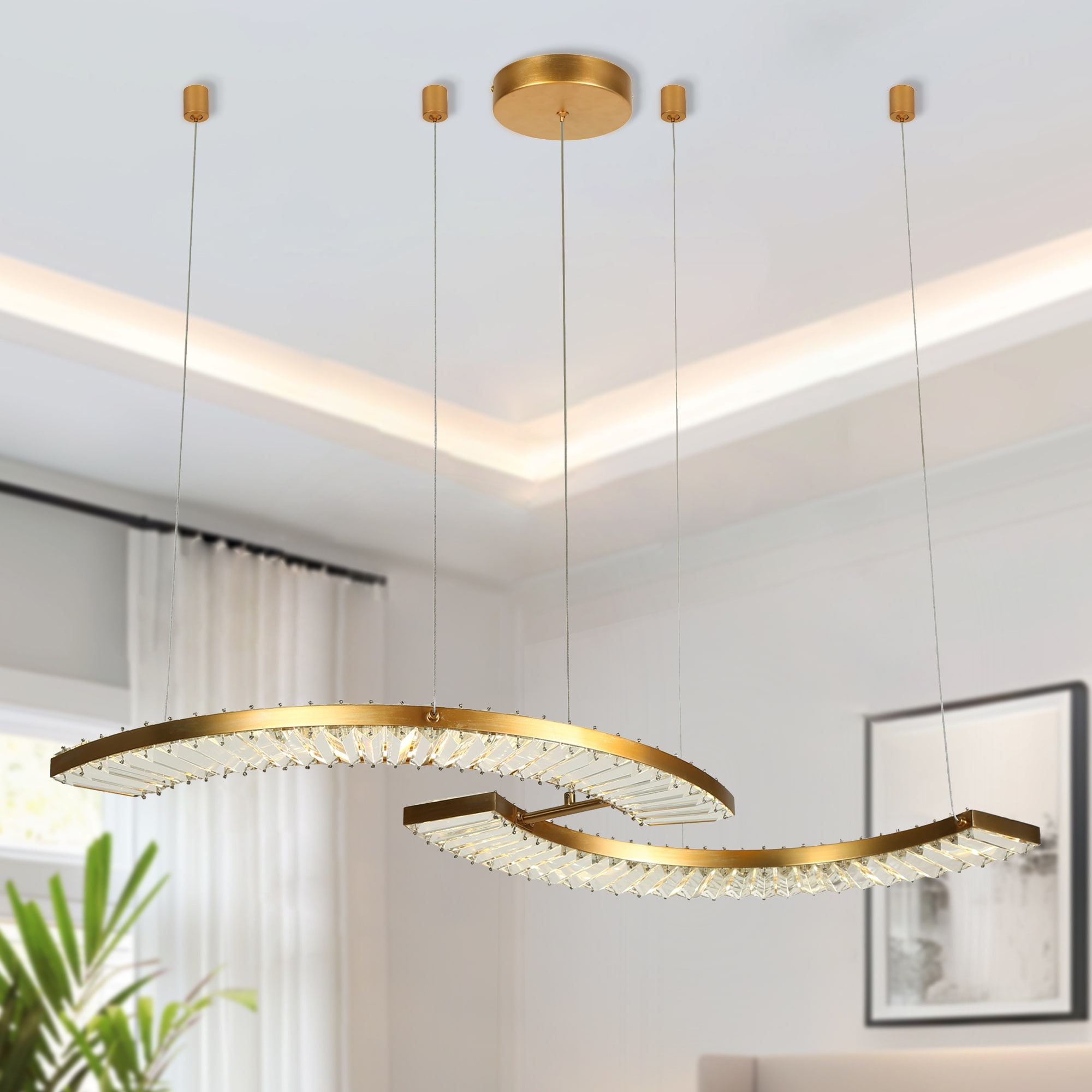 LNC 2YNN3ELWS15239M9 MoaningMurtle 1 -Light 40.4'' Large Matte Gold and Clear Crystal Glam Textured glass Linear Integrated LED Large Hanging Kitchen island light