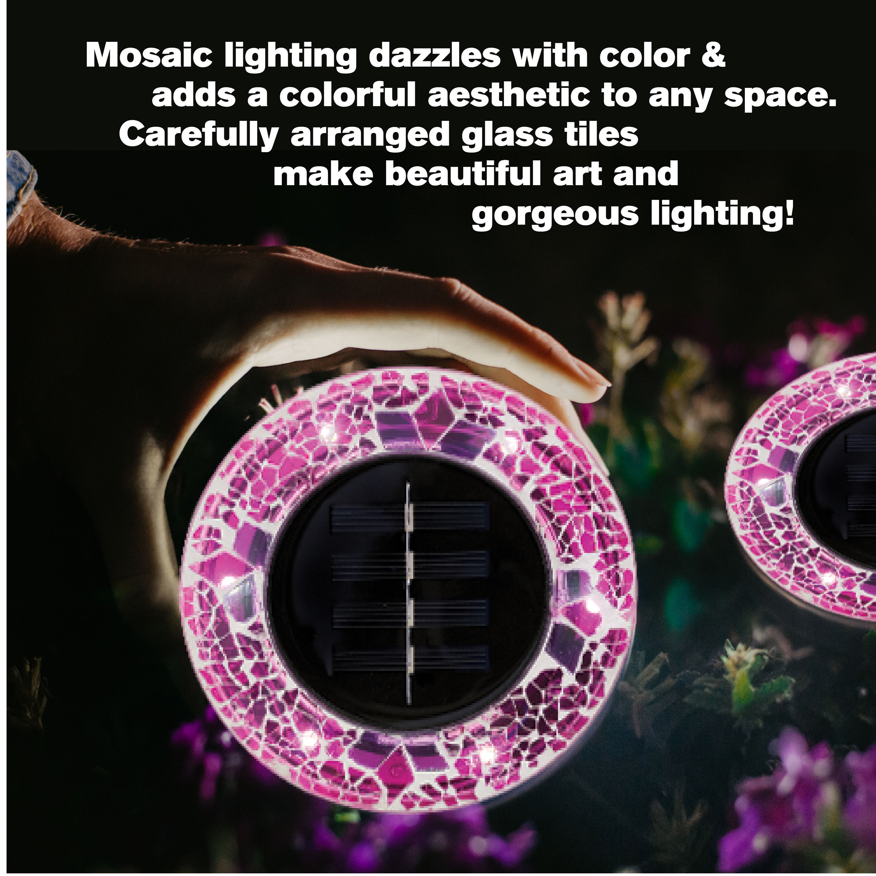 Pink Mosaic Solar LED Pathway Lights with Auto On/Off - 4 Pack