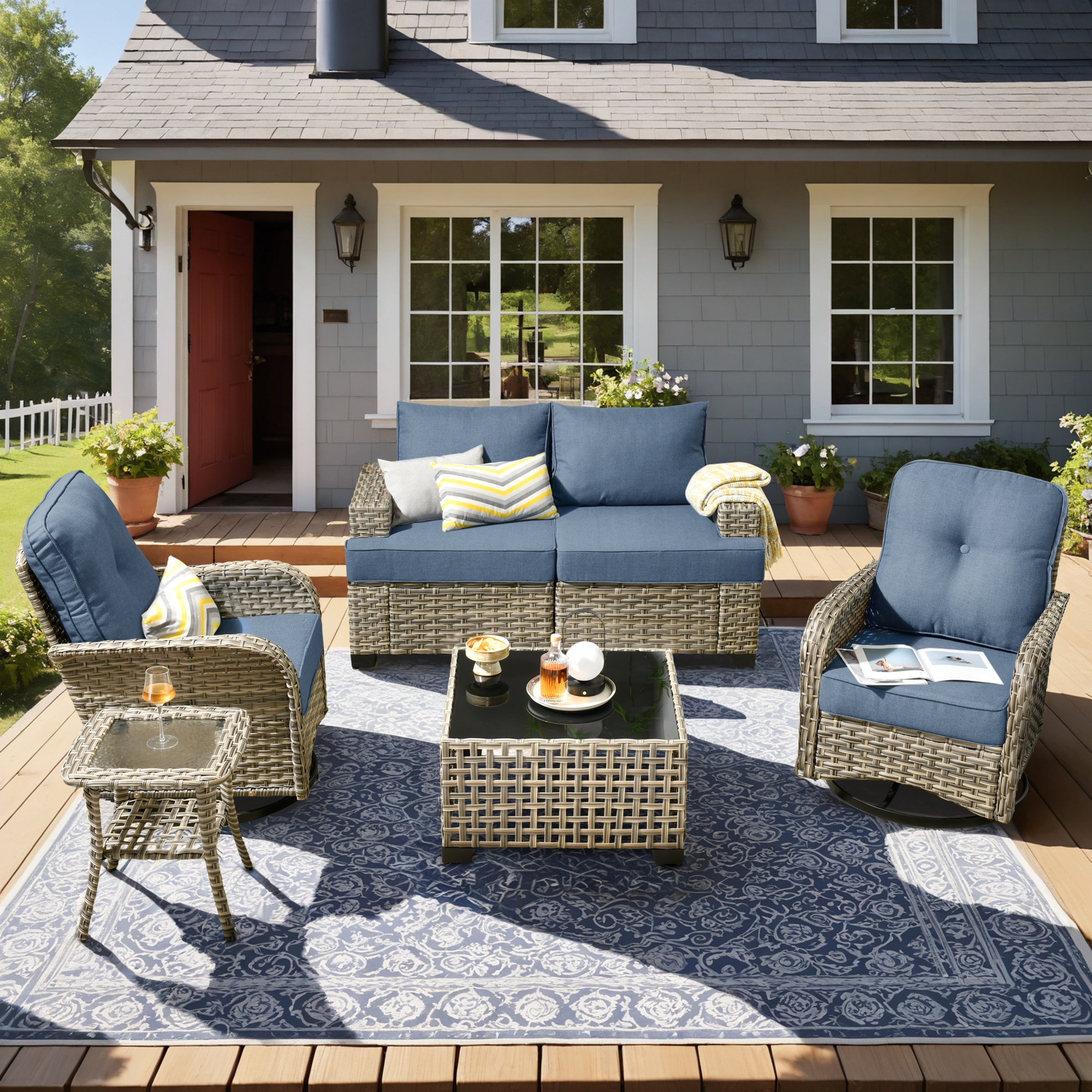 Pouuin SVYZBS505 5 -Piece Wicker Patio Conversation Set with Light Blue Cushions
