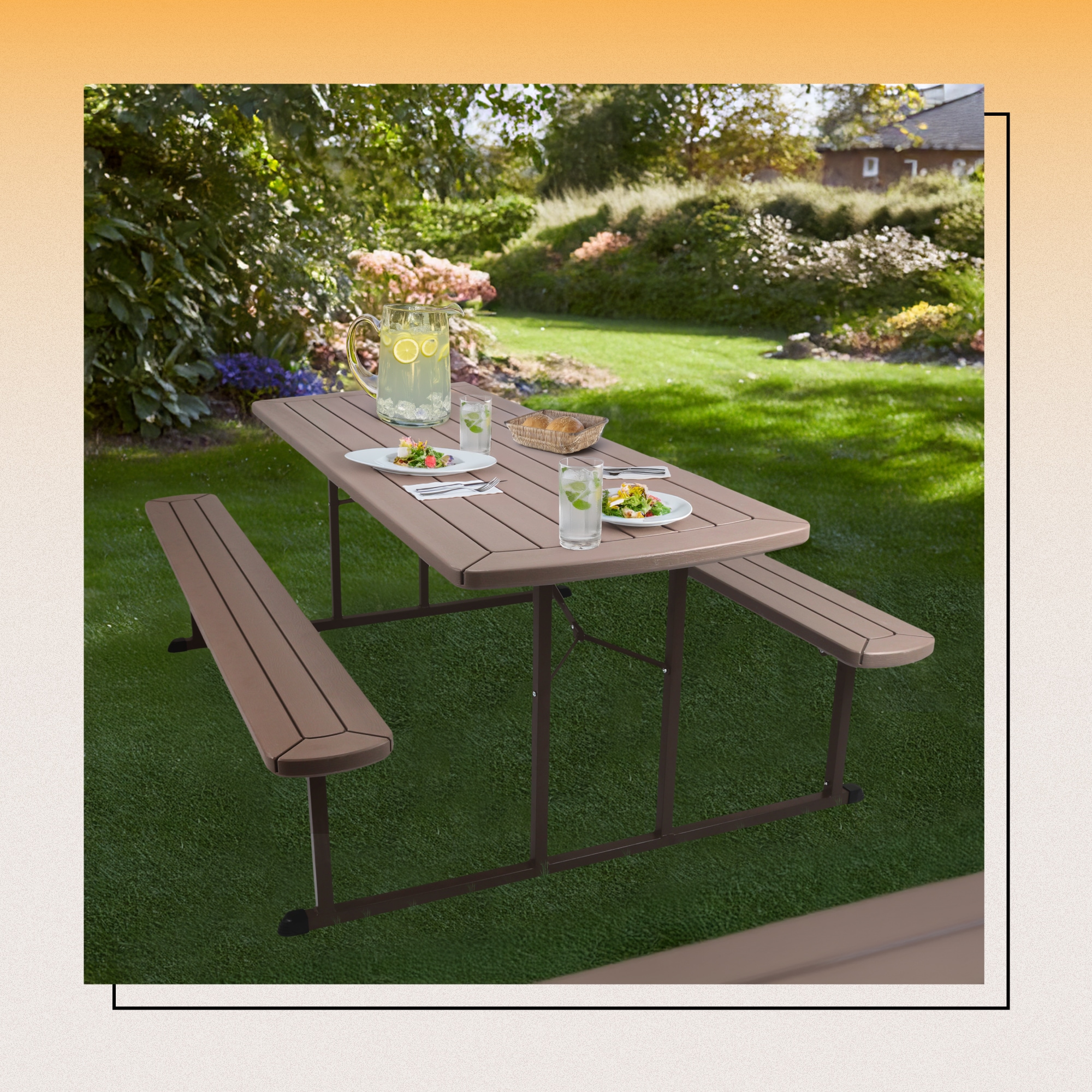 Travis 72" Brown Polypropylene Folding Picnic Table with Benches