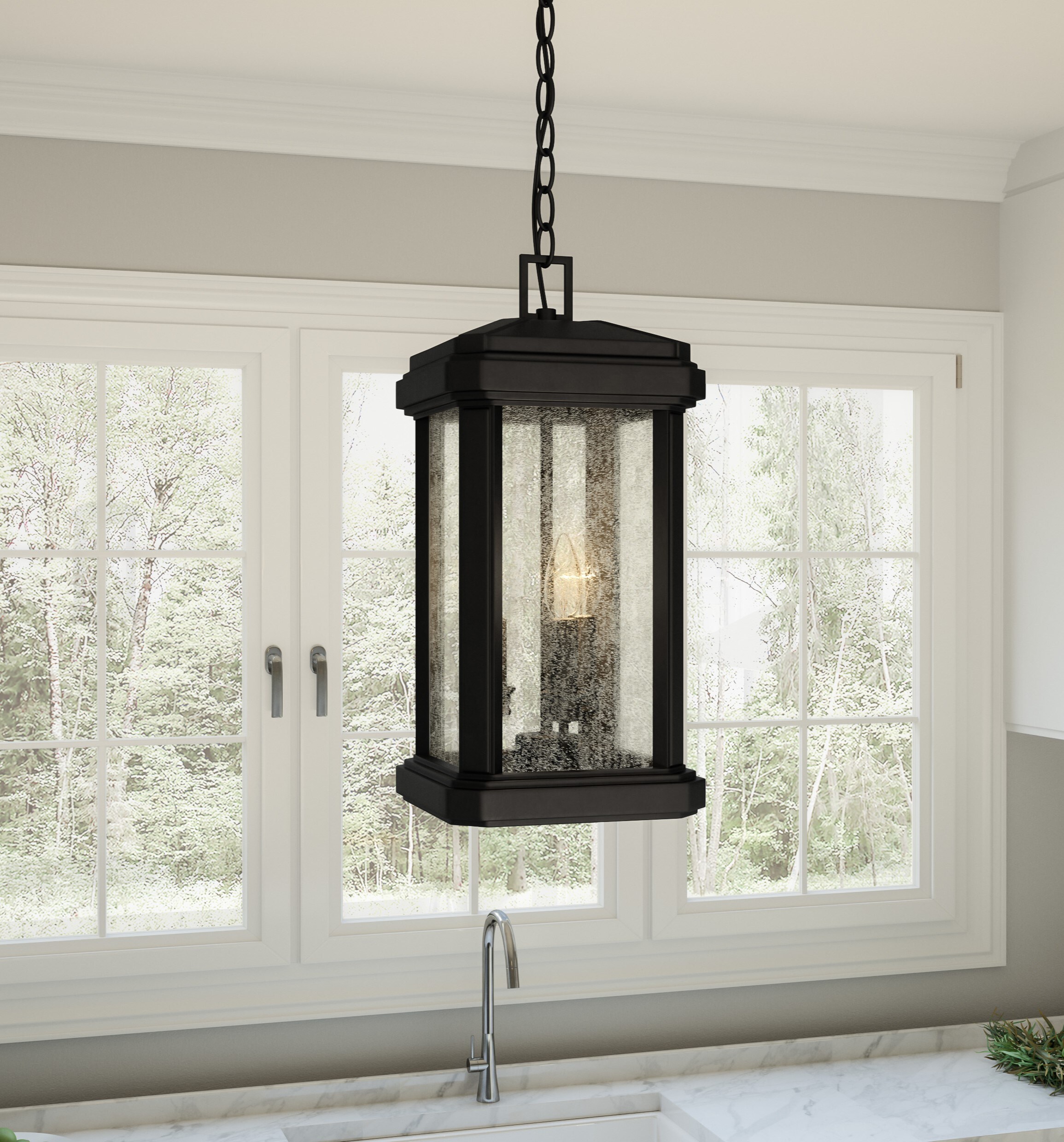 Quoizel Trumbull 3 Light Mystic Black Transitional Seeded Glass Lantern Hanging Pendant Light At