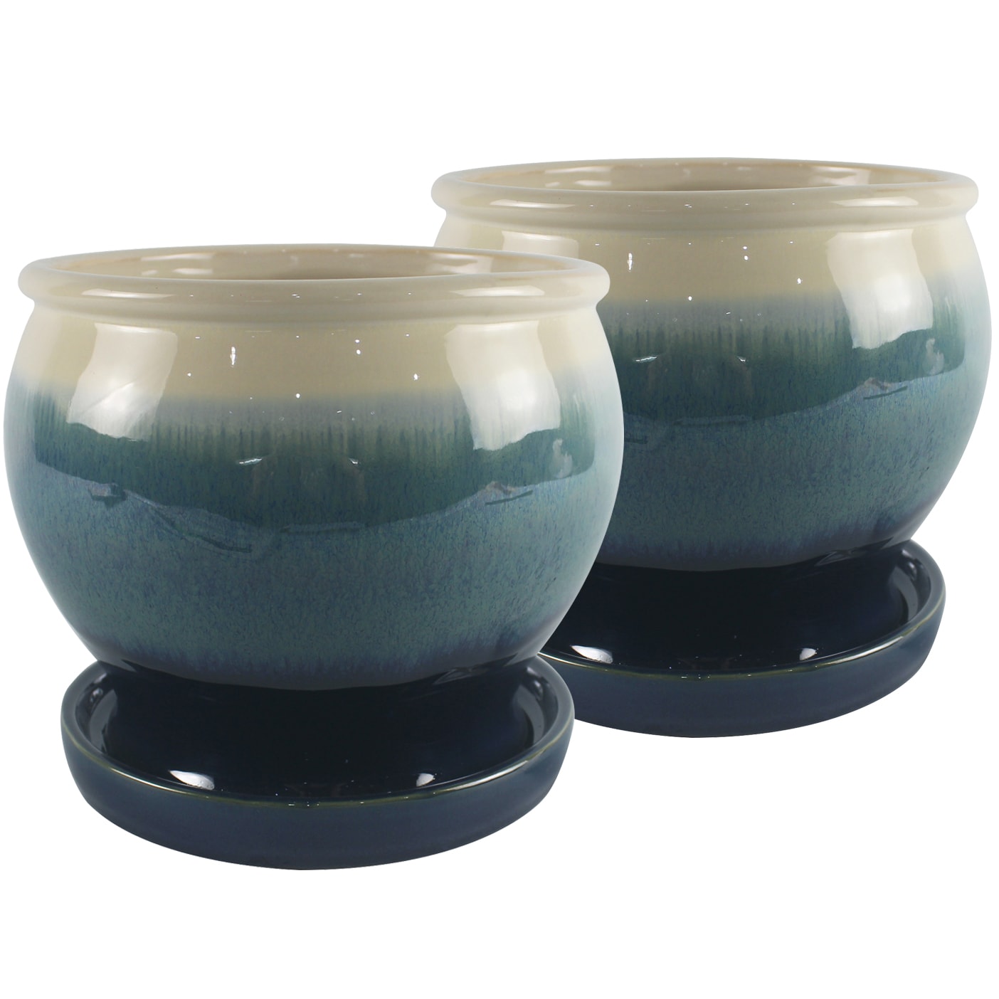 Trendspot LEDB10021-08MS Round 7.99-in W Small Blue Ceramic Indoor/Outdoor Planter with Drainage Holes Attached Saucer