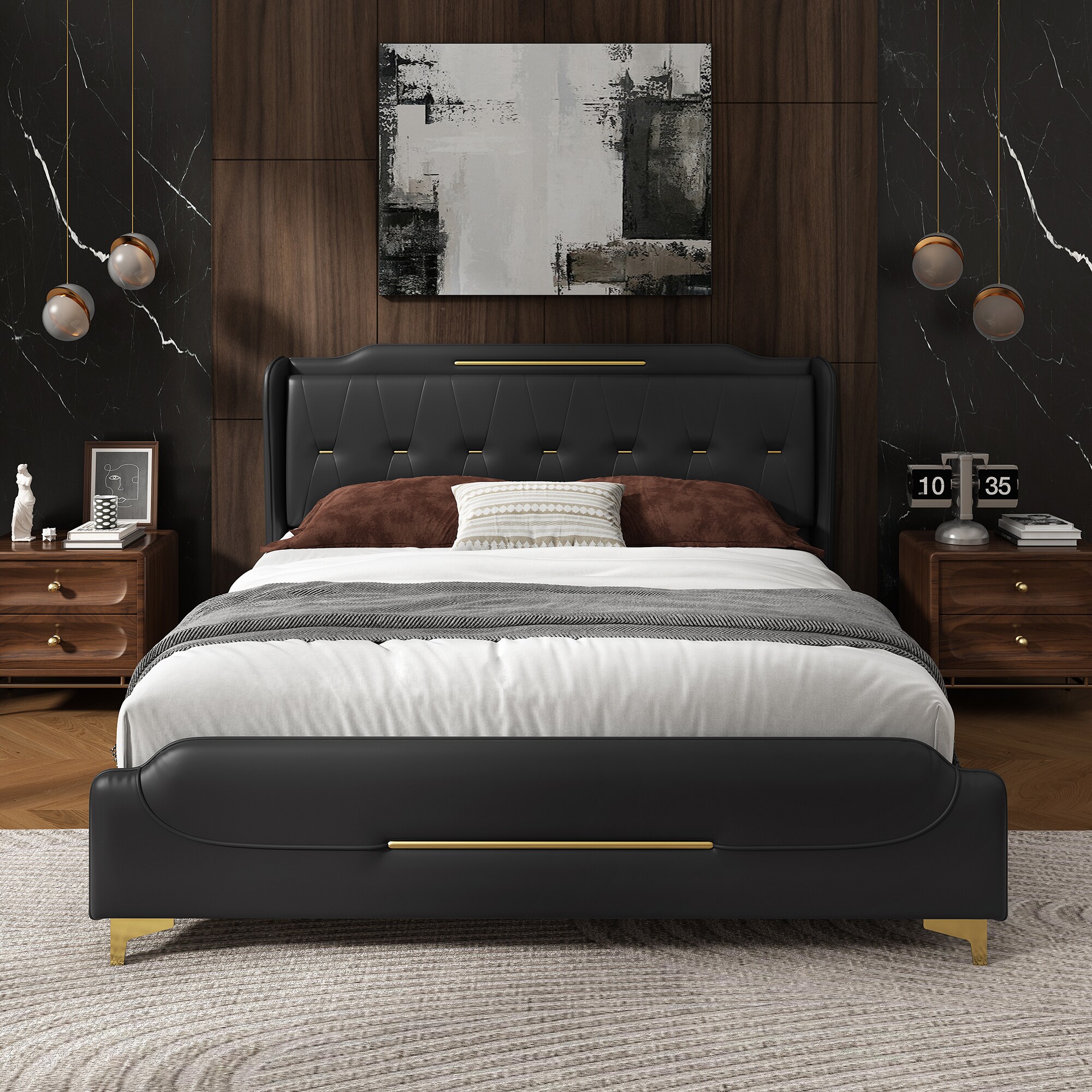Black Faux Leather Queen Bed with Wingback Headboard and Gold Accents