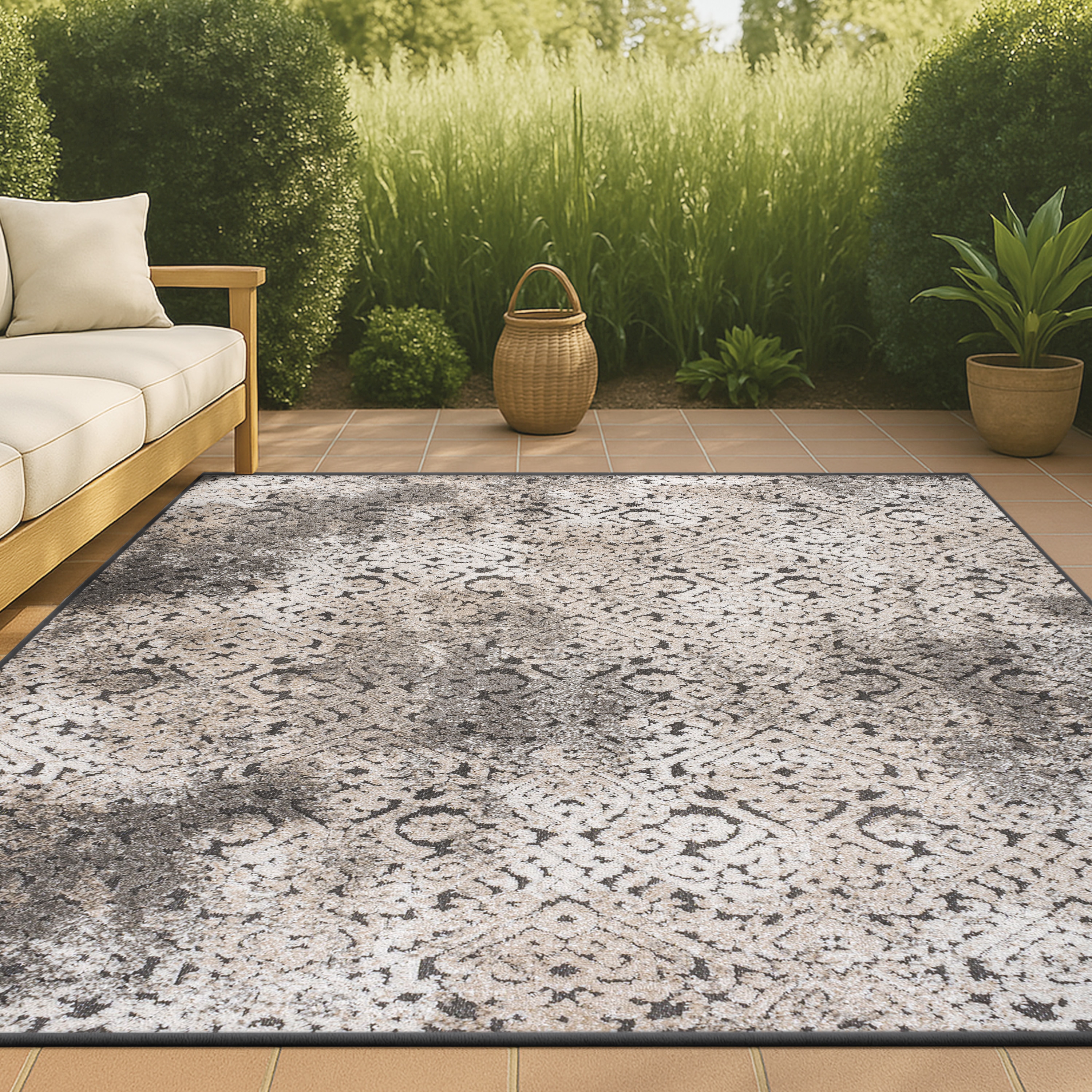 JONATHAN  Y SBH110A-5 South Beach Duenas High-Low Damask 5 x 8 (ft) Loomed Polypropylene Cream/Beige/Dark Gray Rectangular Indoor/Outdoor Abstract Mid-Century Modern Area rug