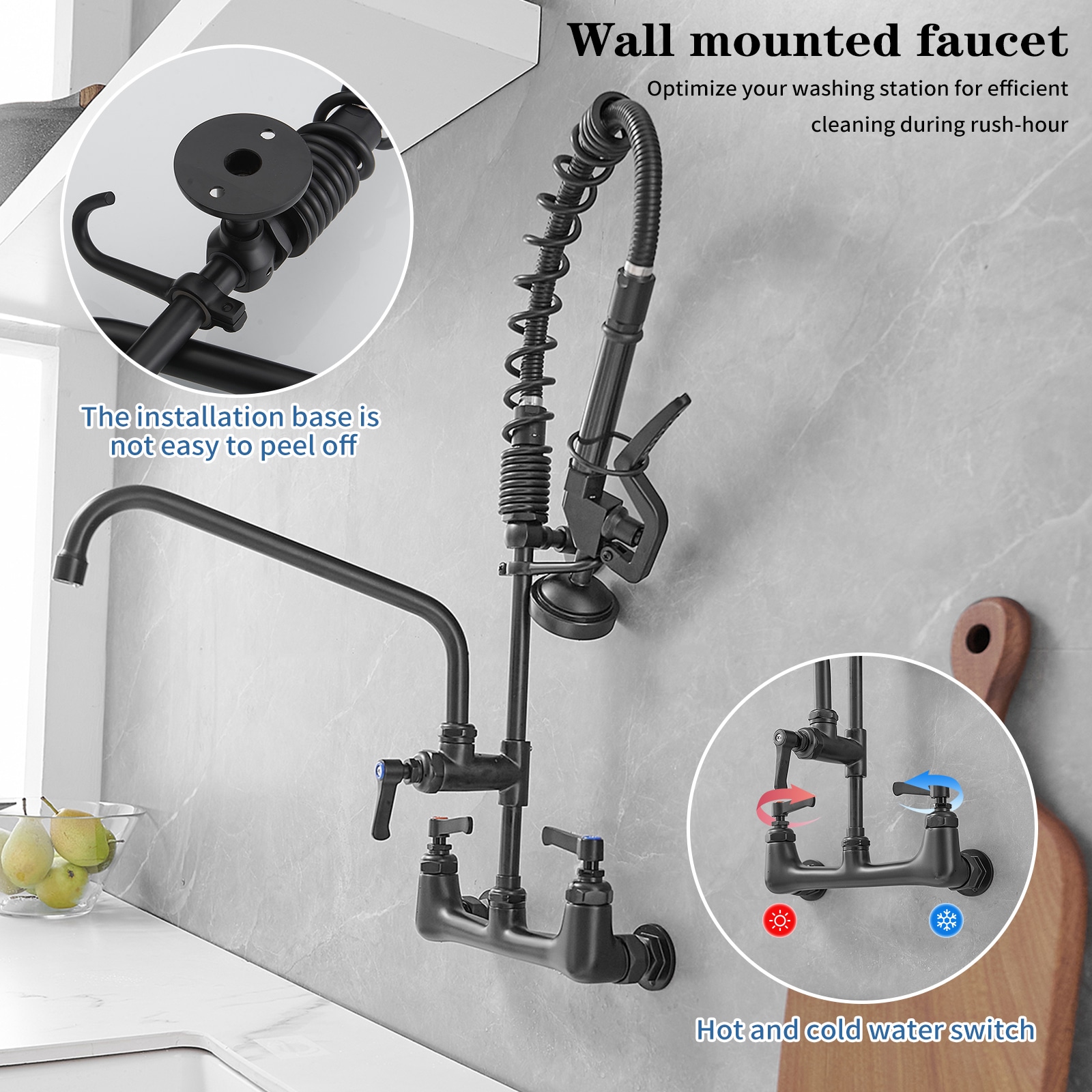 Matte Black Stainless Steel Wall-Mount Pull-Down Kitchen Faucet