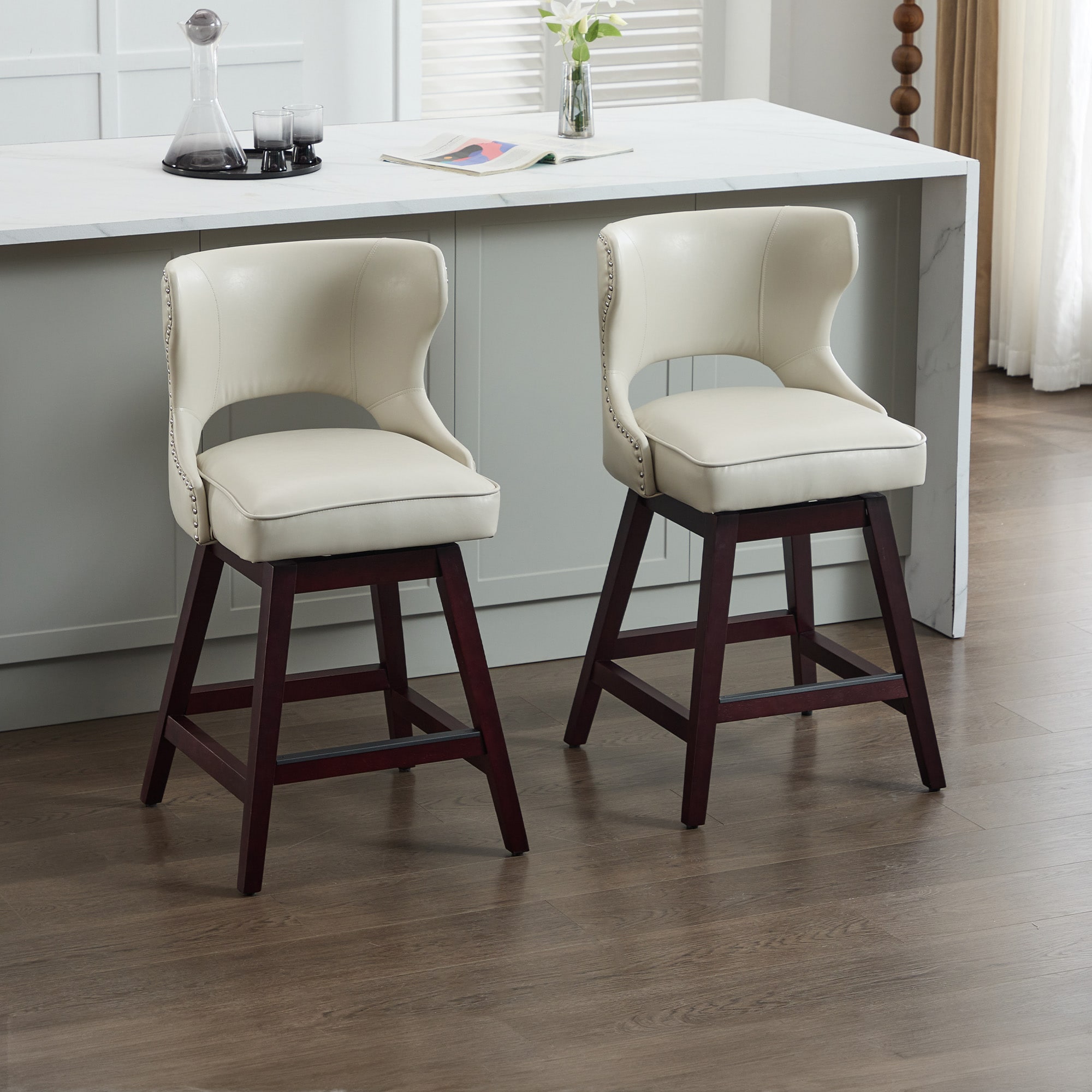 VOUA SAF-NLBQQ-BE Off-white 25.98-in H Counter height Square seat Upholstered Swivel Wood Bar Stool and Back