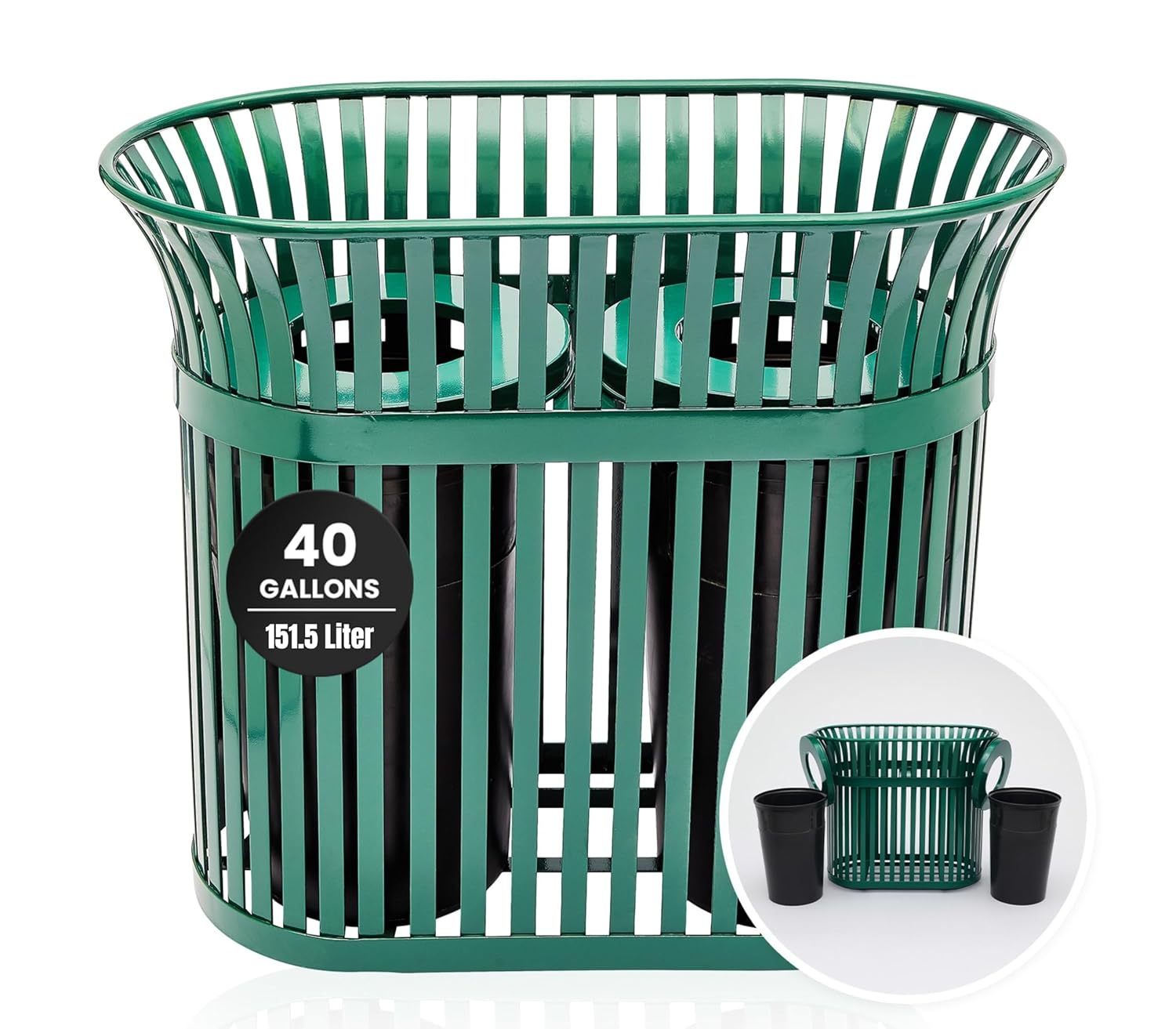 Alpine Industries - 40 Gallon Green Steel Slated Dual Compartment Commercial Outdoor Trash Can wi...