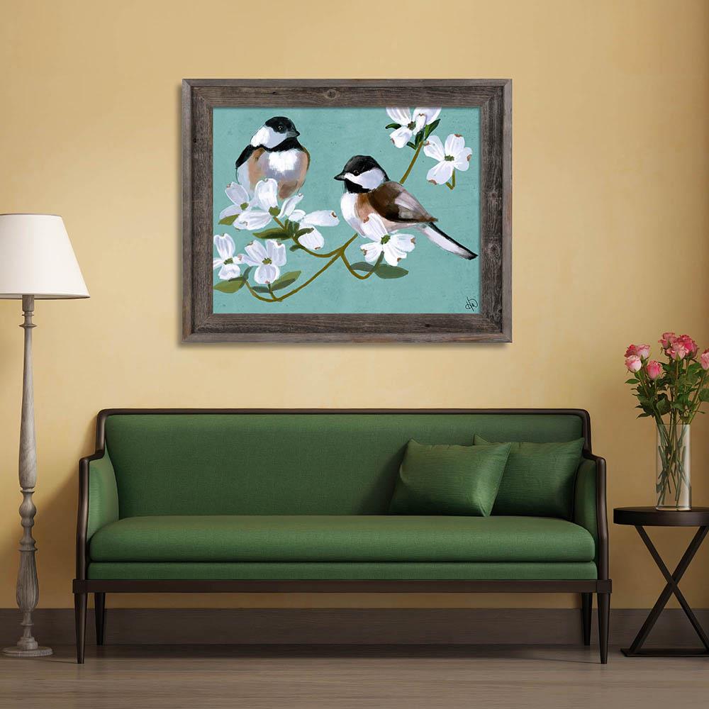 Creative Gallery Chickadees On Teal Brown Wood Framed 24-in H x 20-in W ...