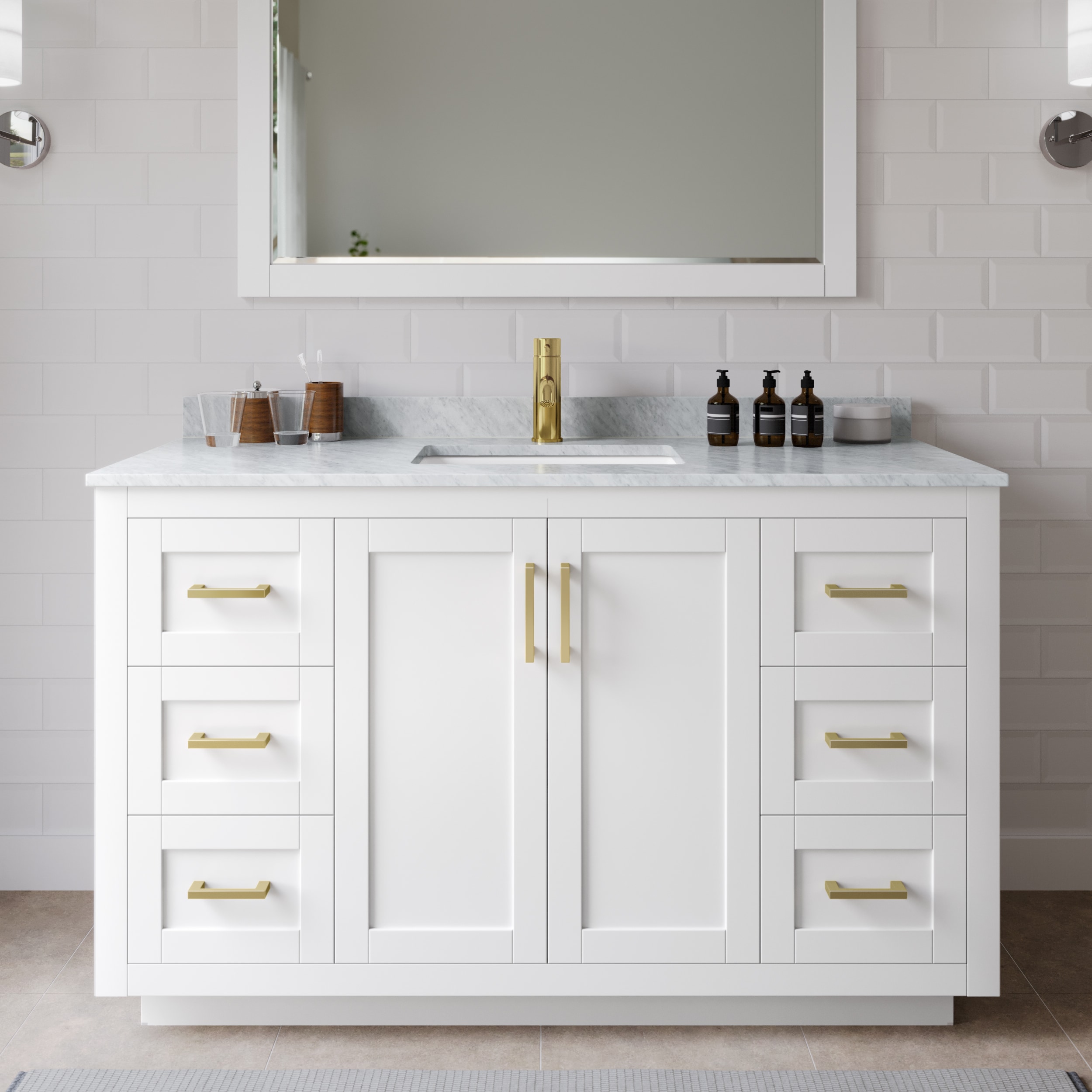 Wyndham Collection WCF292954SWGCMUNSMXX Miranda 54-in White with Brushed Gold Trim Undermount Single sink Bathroom Vanity with White Carrara Marble Marble Top