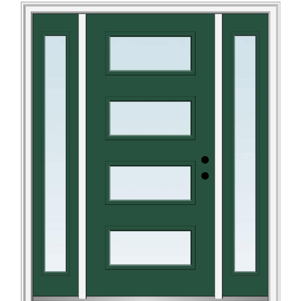 MMI DOOR ZZ345654L Spotlights 60-in x 80-in x 4-9/16-in Fiberglass Pulse lite Left-hand inswing Hunter Green Painted Prehung Front Door with Sidelights with Brickmould Insulating core