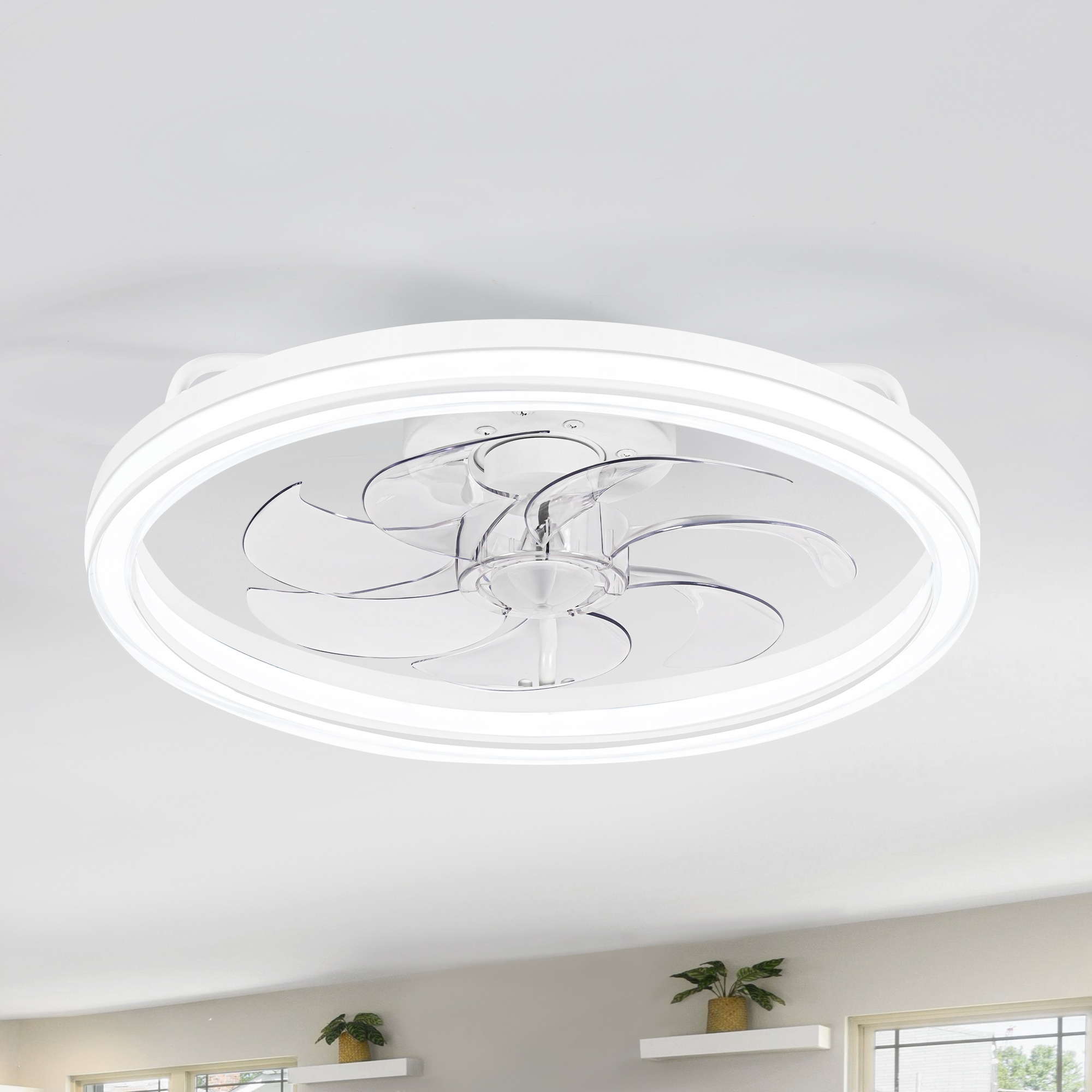 Breezary 33055-WH 20-in Color-Changing Integrated LED Matte White with Transparent Blades Fandelier Ceiling Fan With Light - Remote Included ( 7 -Blade )