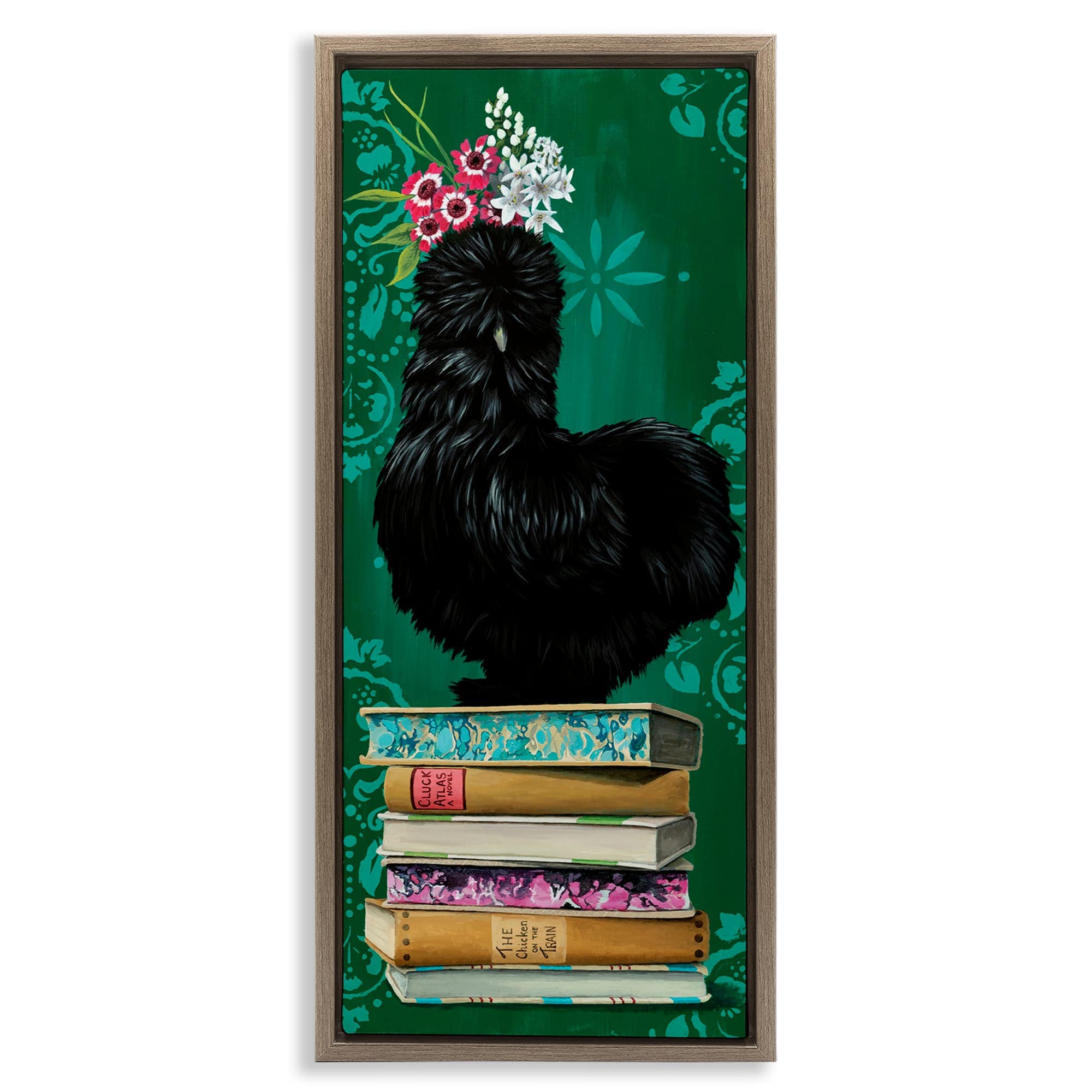 Stupell Industries BT-209-FFE-13X30 Country Chicken on Bookstack Floating Frame design by Heather Gauthier