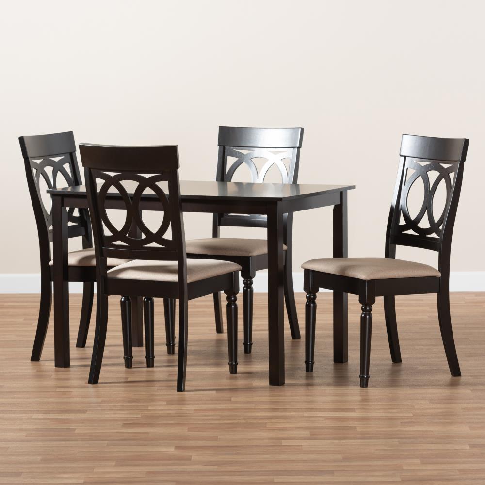 Lucie Espresso Brown 5-Piece Oak Dining Set with Sand Fabric Chairs