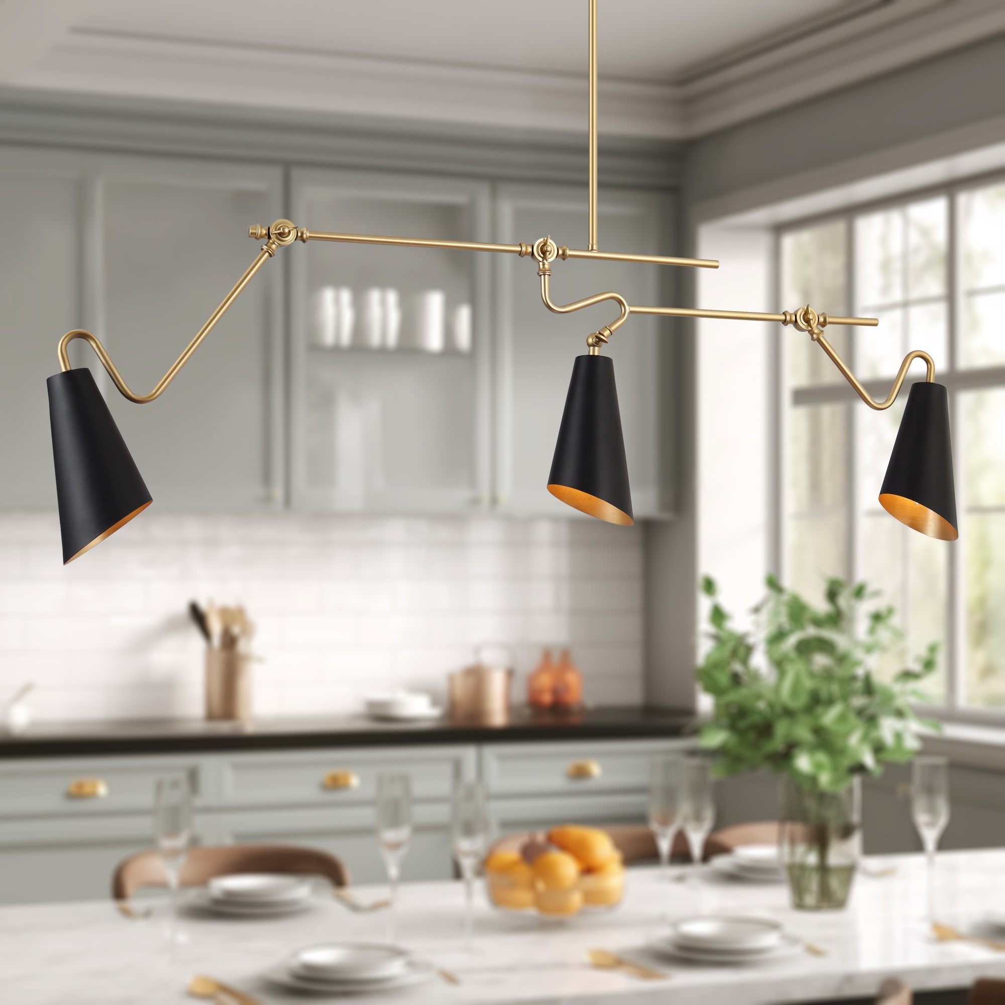 ZEVNI L3A3YIRYW4400S17 Rodney 3 -Light Matte Black and Brass Gold Adjustable Industrial Linear Large Hanging Kitchen island light