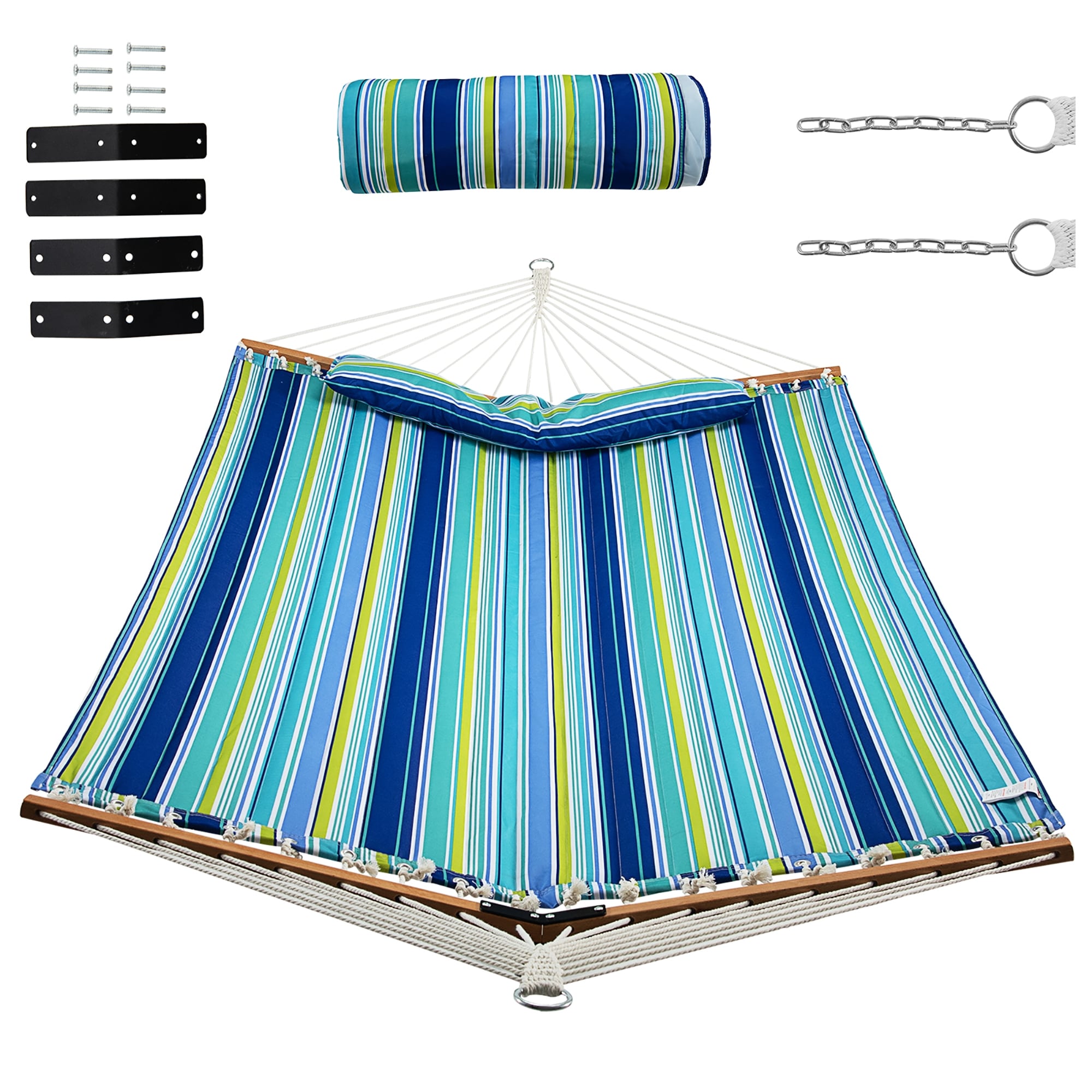 Slickblue D-CO-LB92401PN Quilted Hammock with Beech Wood Spreader Bar - Outdoor Blue and Green Modern 2-Person Hammock (Stand Not Included) – Detachable Pillow Adjustable Chains for Patio or Backyard