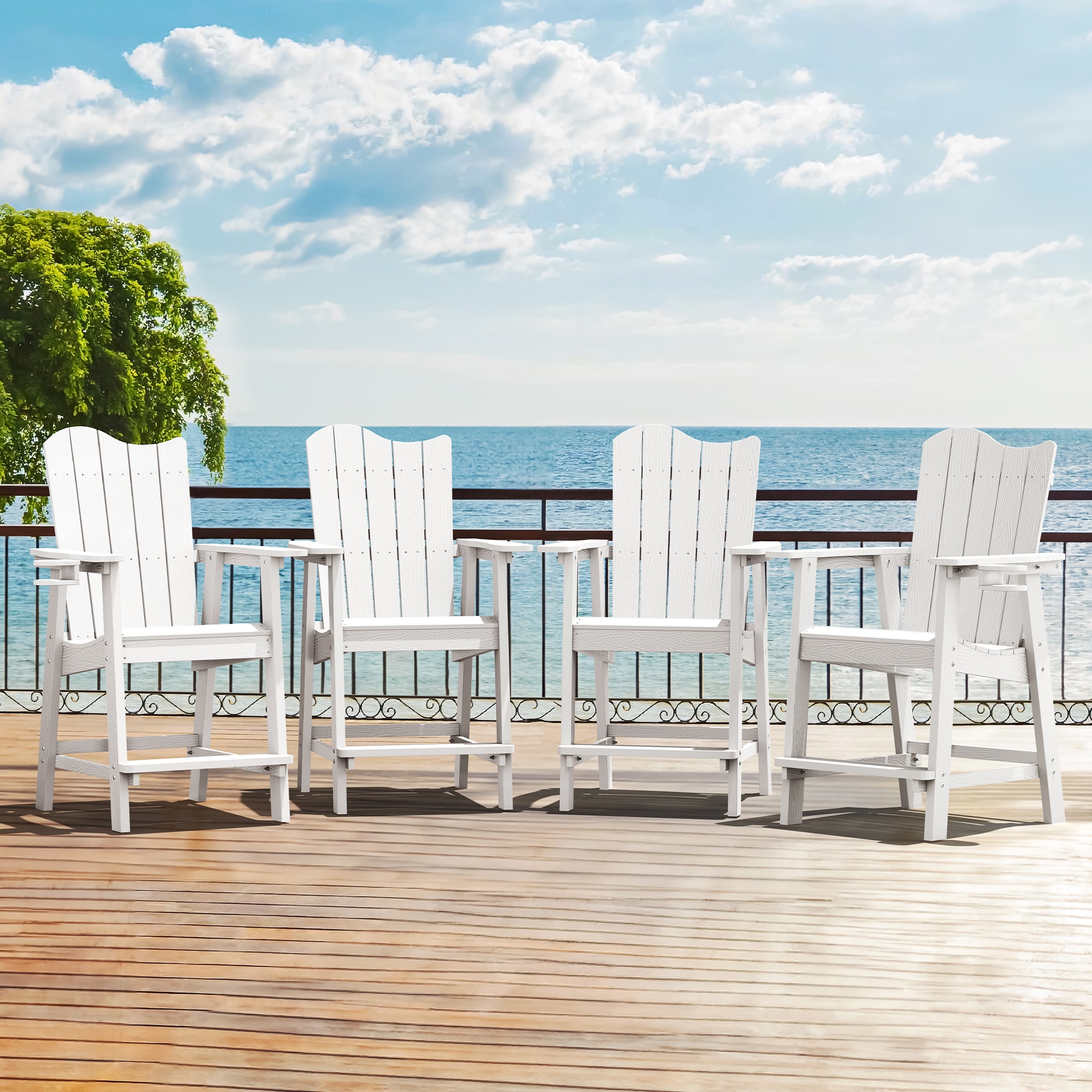 LUE BONA 4LB23PC0009-200LS Set of 4 White HDPE Frame Spring motion Adirondack Chair with Slat Seat