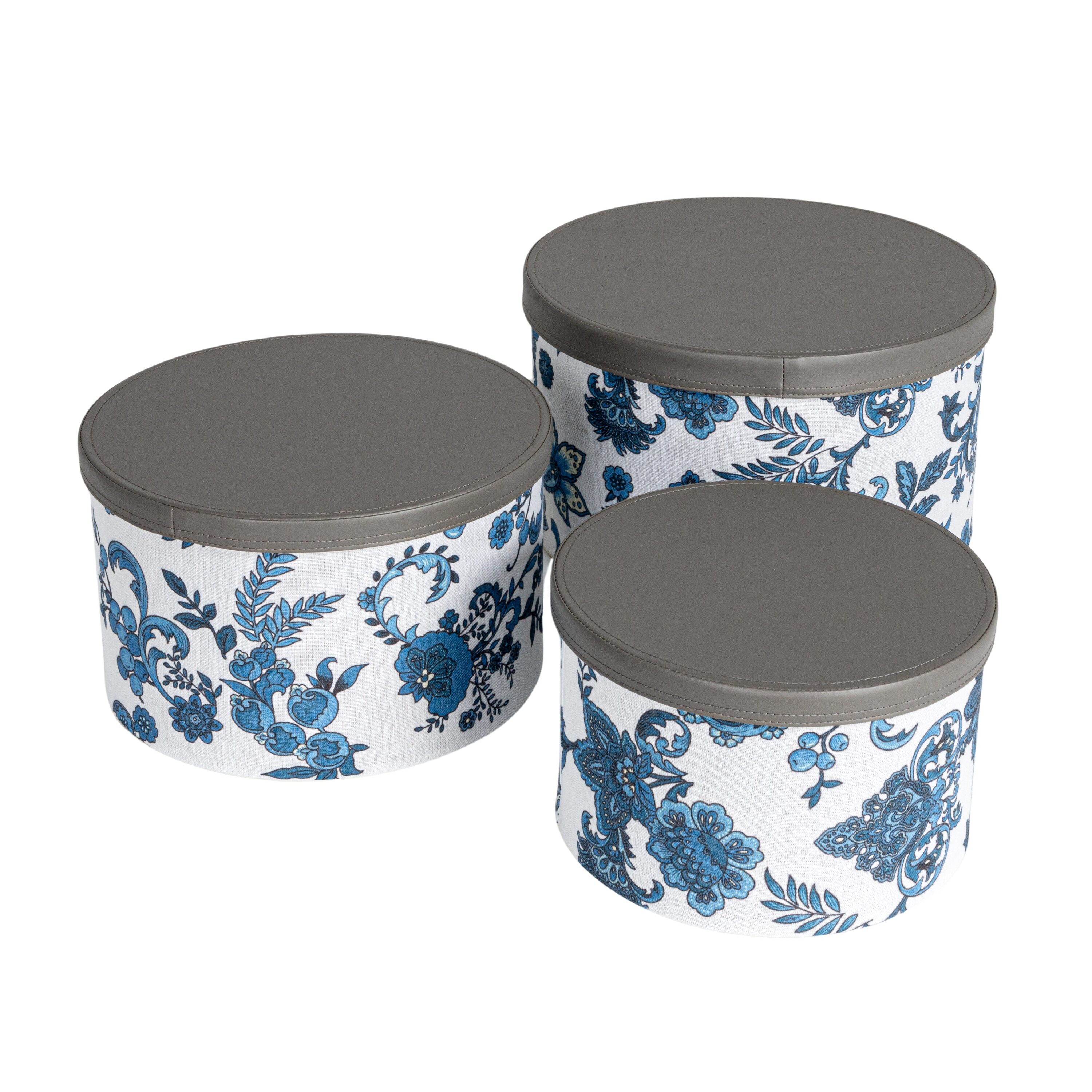 Household Essentials Floral Nestable Hat Boxes with Faux Leather Lids Cream and Blue Set of 3 #HE1235