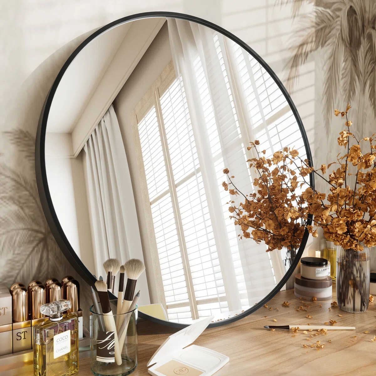 YQP 18x18 Inch Round Easy to Install Aluminum Alloy Black Framed Tempered Glass Wall Mirror