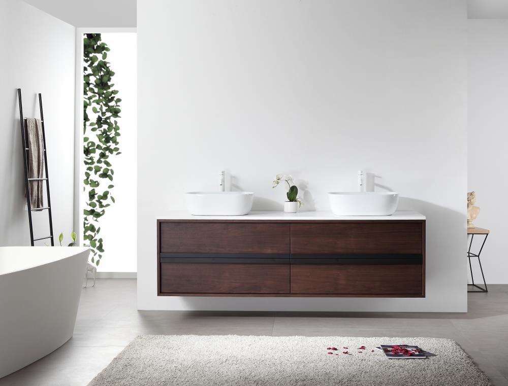CARTISAN DESIGN Eris 72-in Dark Walnut Double Sink Floating Bathroom Vanity with Pure White Quartz Top in the Bathroom Vanities with Tops department at Lowes.com