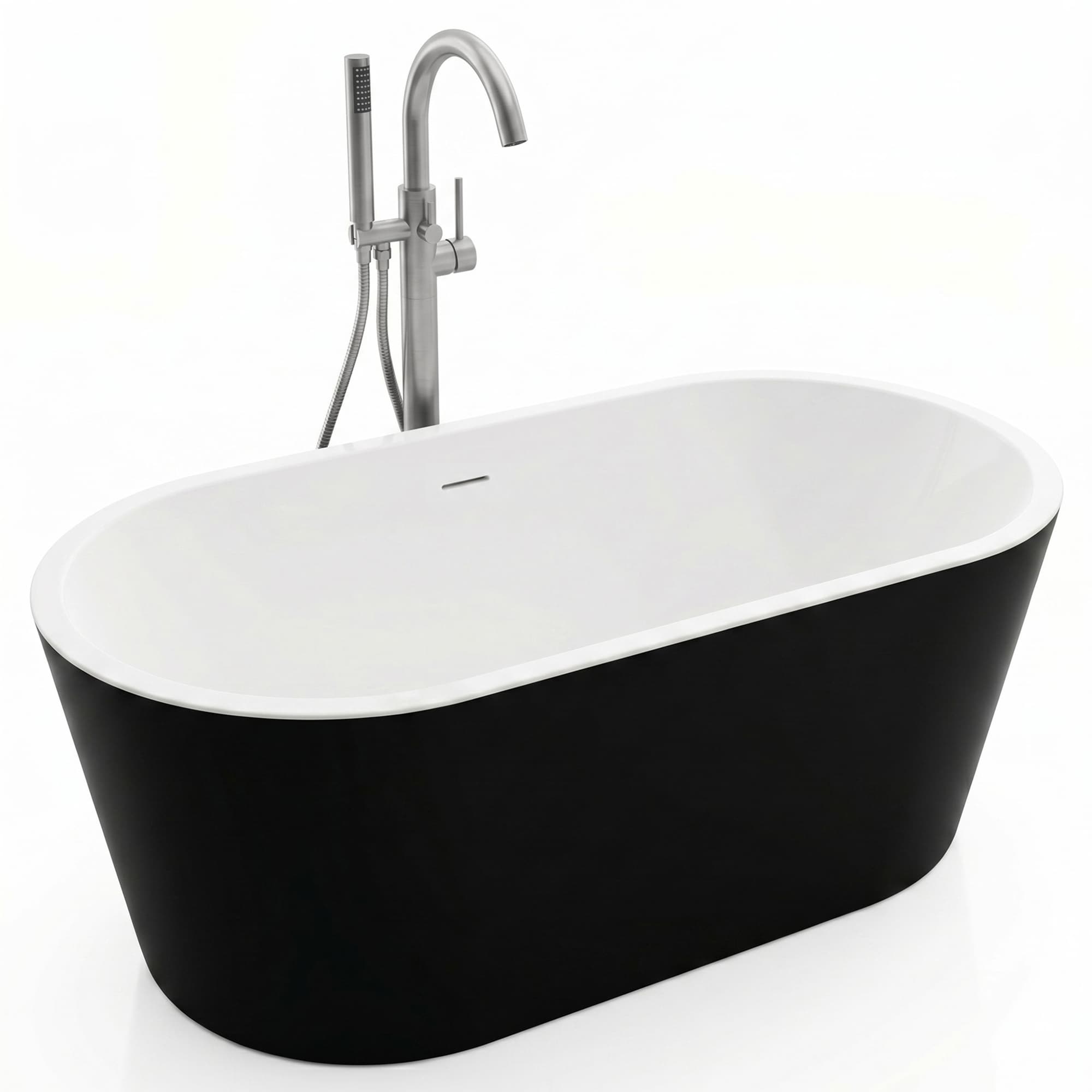 ANZZI Chand Series 29.5-in x 59-in Glossy Black Acrylic Oval Freestanding Soaking Bathtub with Faucet Hand Shower with Drain ( Center Drain )