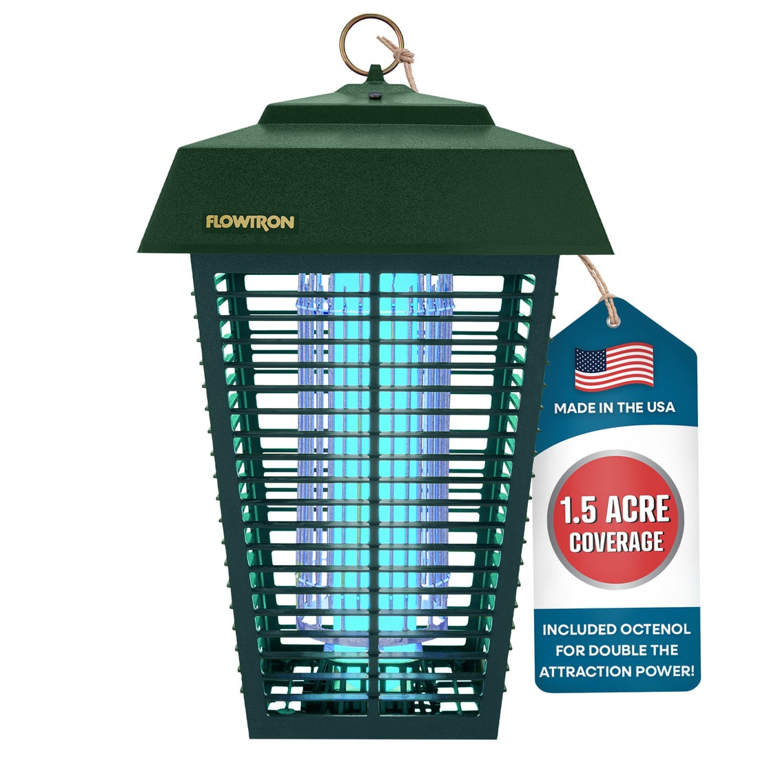 Flowtron Bug Zapper for 1.5 Acre Outdoor Control with 80W Bulb 5600V Grid Fly and Mosquito Green UL Listed