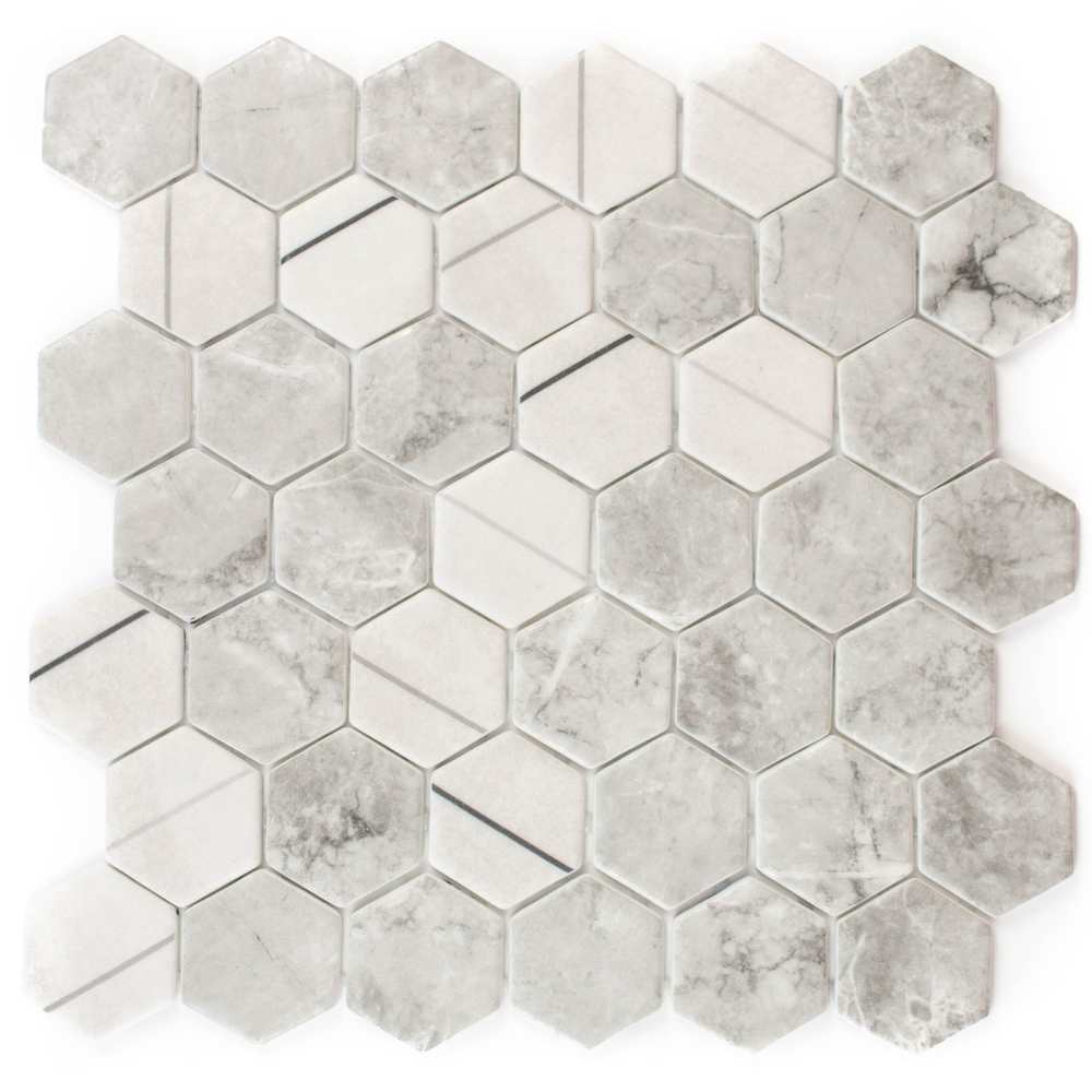 The Tile Life GHEXXBLISLG1 Eterna Big Hex Lineas Gris 12-in x 12-in Matte Glass Marble Look Hexagon Mosaic Floor and Wall Tile (0.88-sq. ft/ Piece)