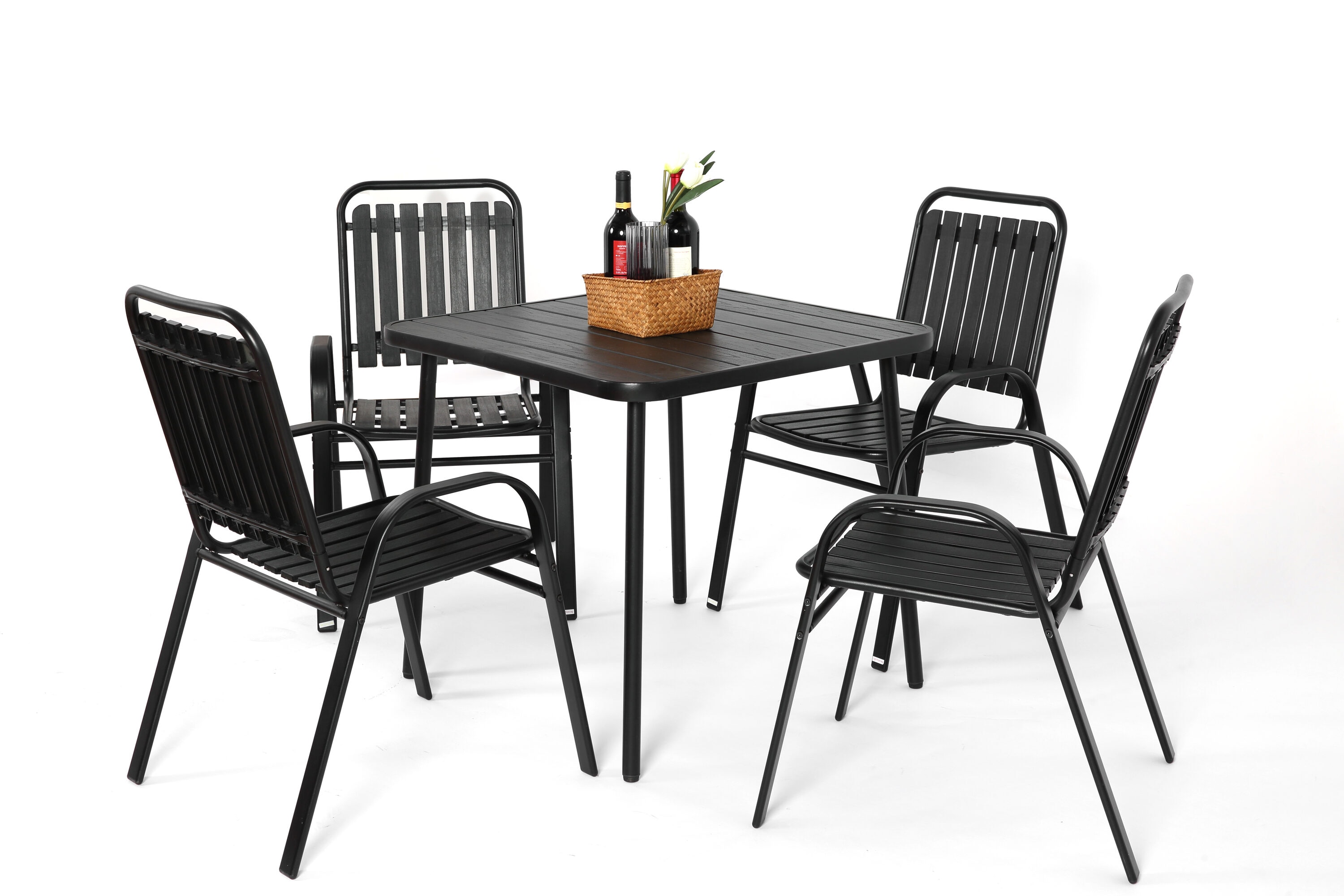 Damerin Z0139F Patio Chairs Set of 4 Black Metal Frame Stationary Dining Chair with Black Solid Seat