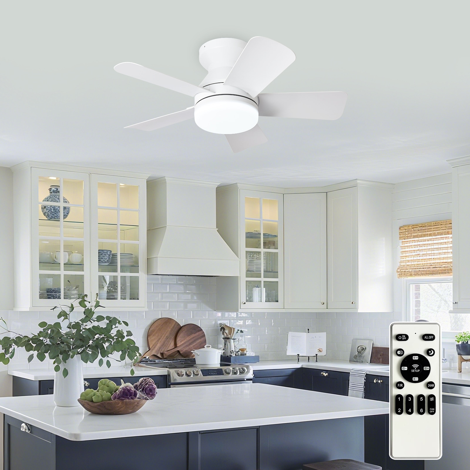 Depuley 194C 25-in White with White Blades LED Downrod or Flush Mount Smart Fandelier Ceiling Fan With Light and Remote Control Included 5 -Blade
