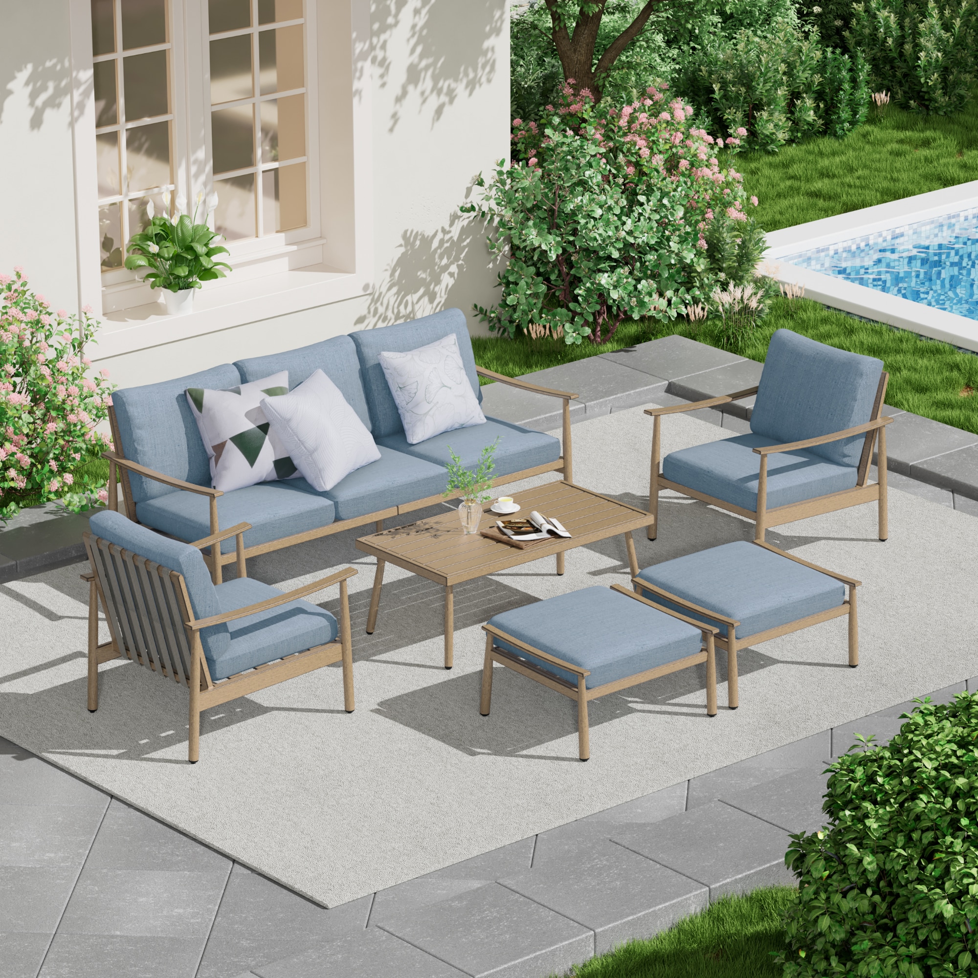  CP-SF6-ZL-B2-WL2 6 -Piece Patio Sofa Conversation Set with Blue Cushions