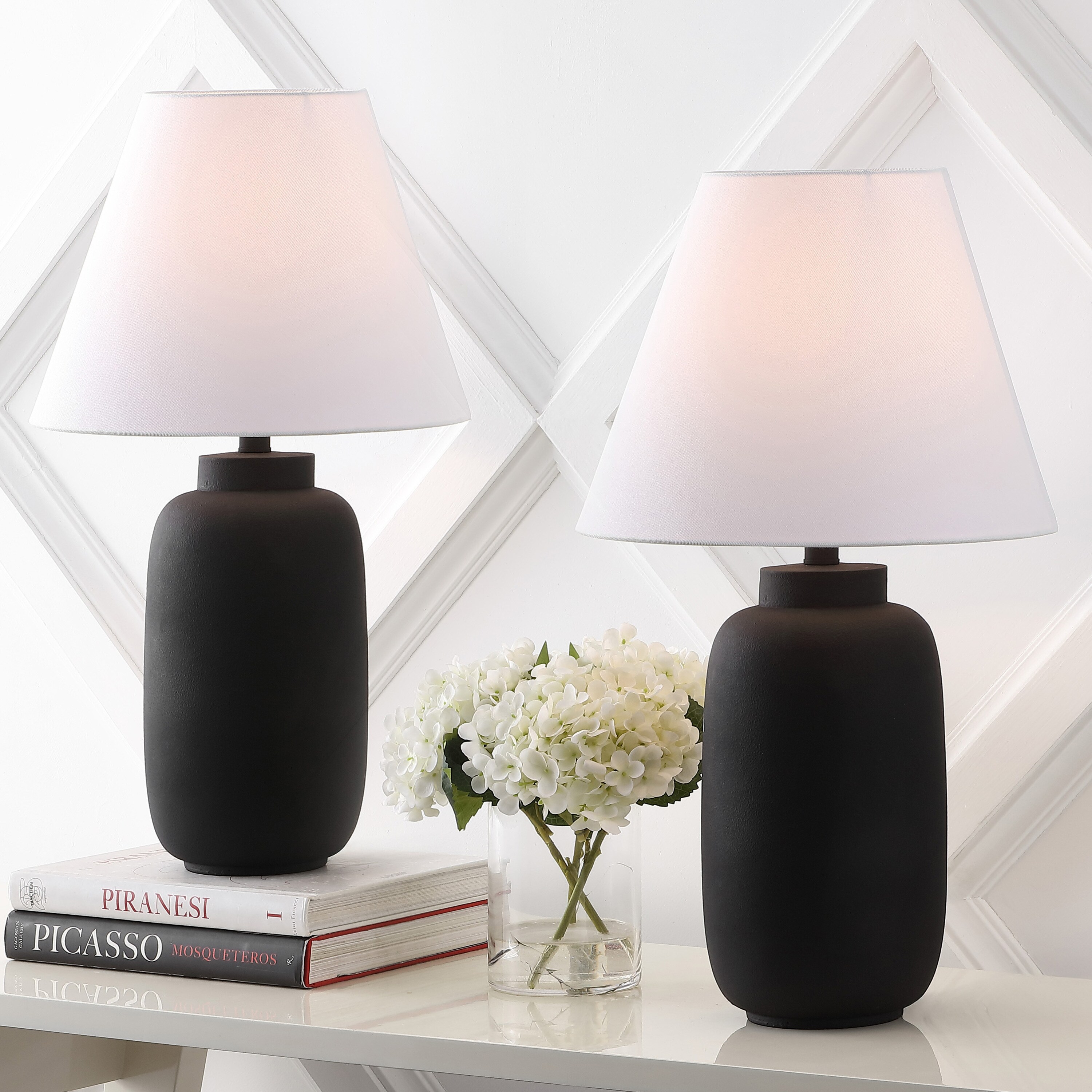 JONATHAN  Y JYL5603A-SET2 Elinore Minimalist Scandinavian Resin/Iron Ginger Jar 24.5-in Matte Black LED Rotary socket Table Lamp with Linen Shade 2 -Set