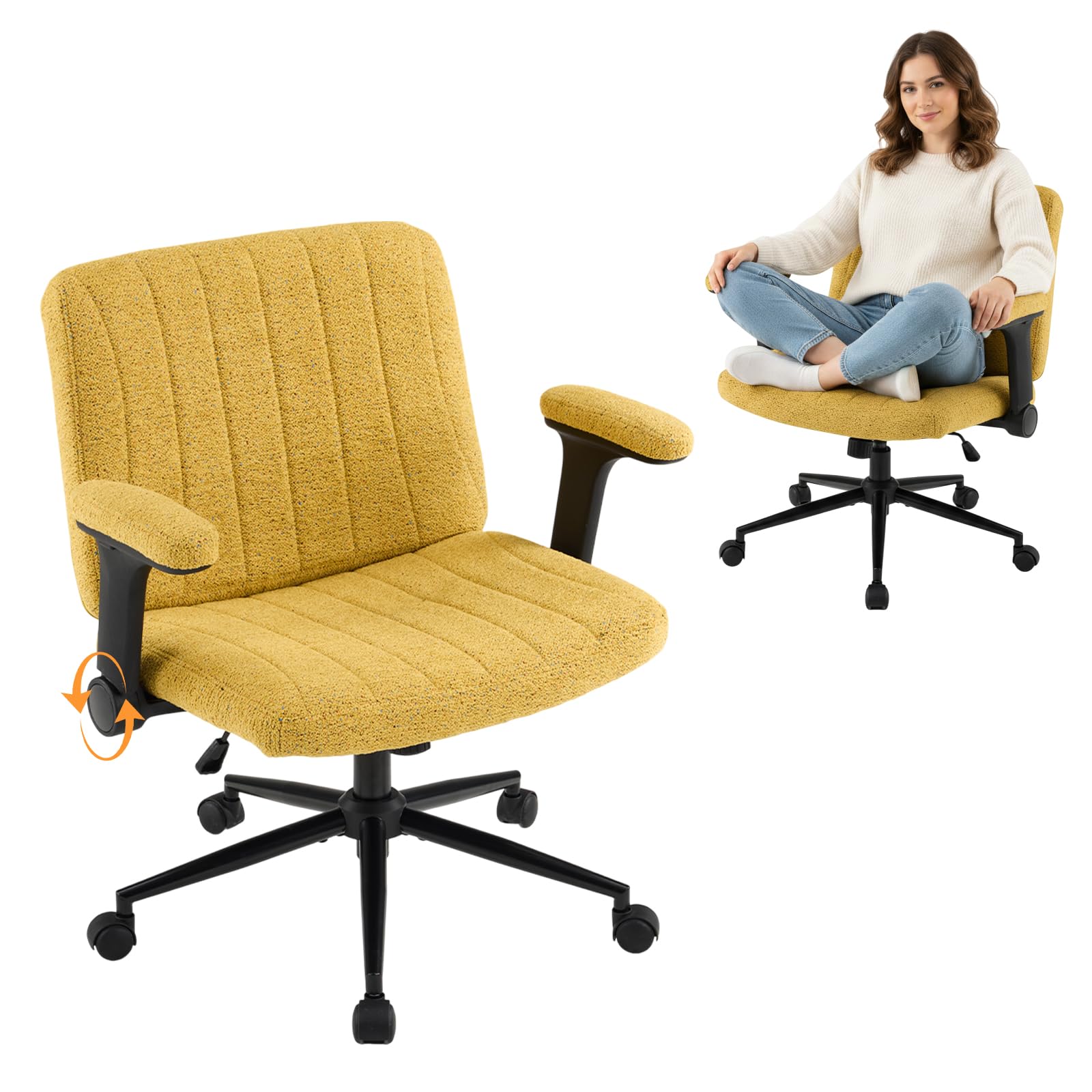 VINGLI - Criss Cross Chair with Adjustable Flip-Up Arms/Cross Legged Chair with Wheels for Home O...