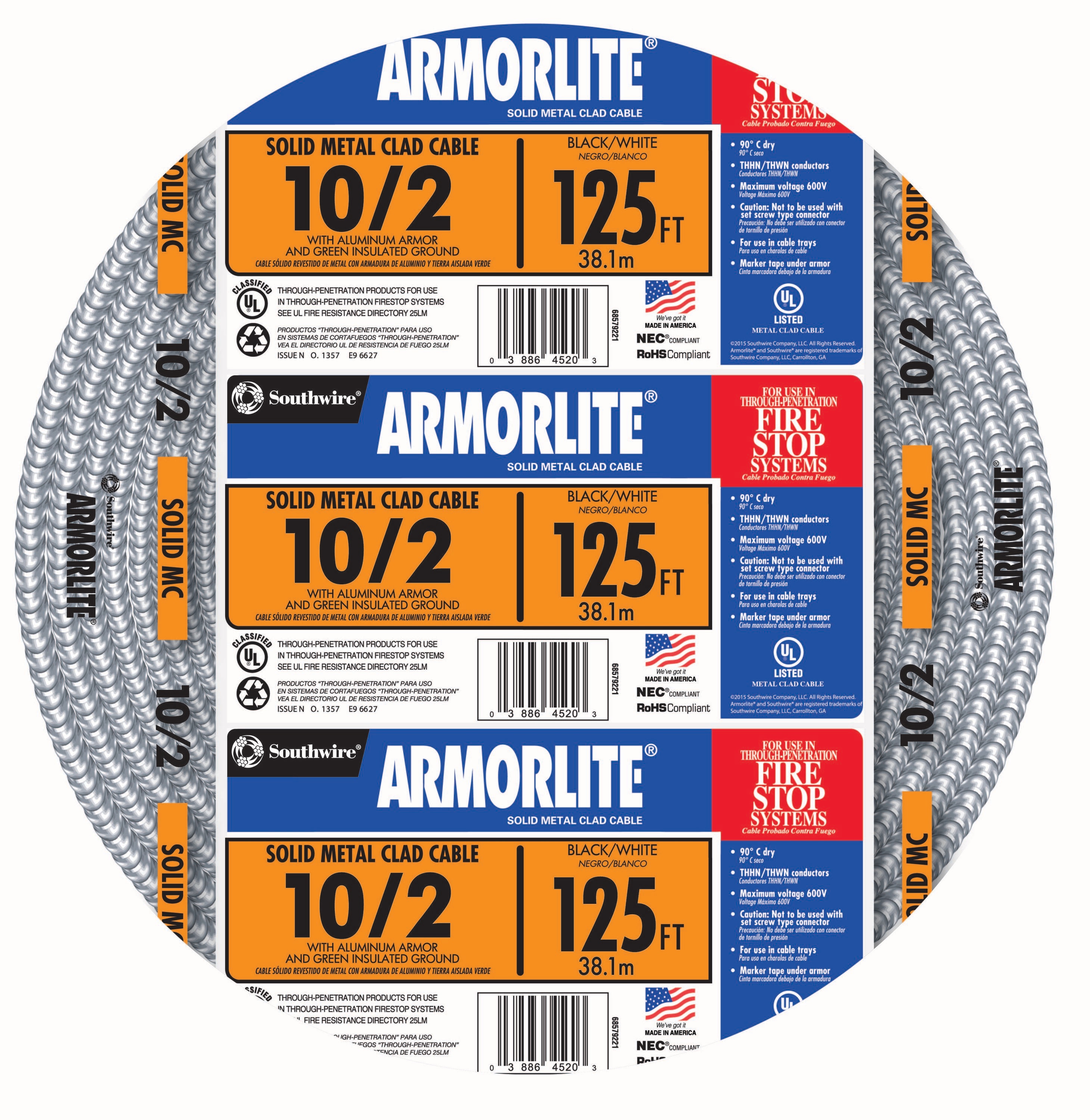 Southwire Armorlite 125-ft 10 / 2 Solid Aluminum Mc Cable in the Armored  Cable department at