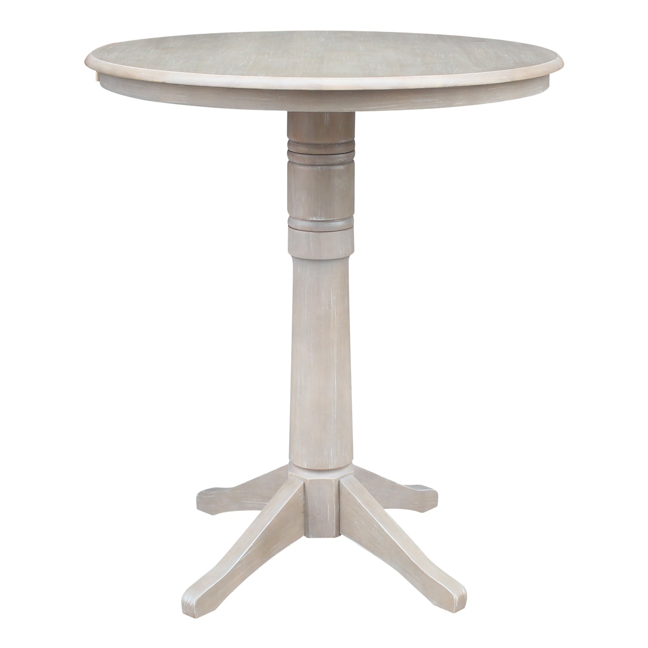 International Concepts K09-36RT-27B-6B-2 Washed Gray Taupe Round Traditional Bar Table, Wood with Washed Gray Taupe Wood Pedestal Base 36-in L x 41.9-in H