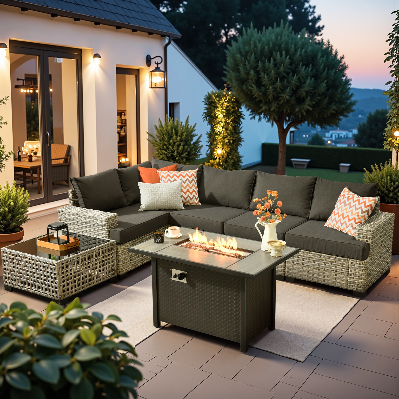 XIZZI XITBS1073A-IFP Agate Rattan Outdoor Sectional with Black Cushions and Steel Frame