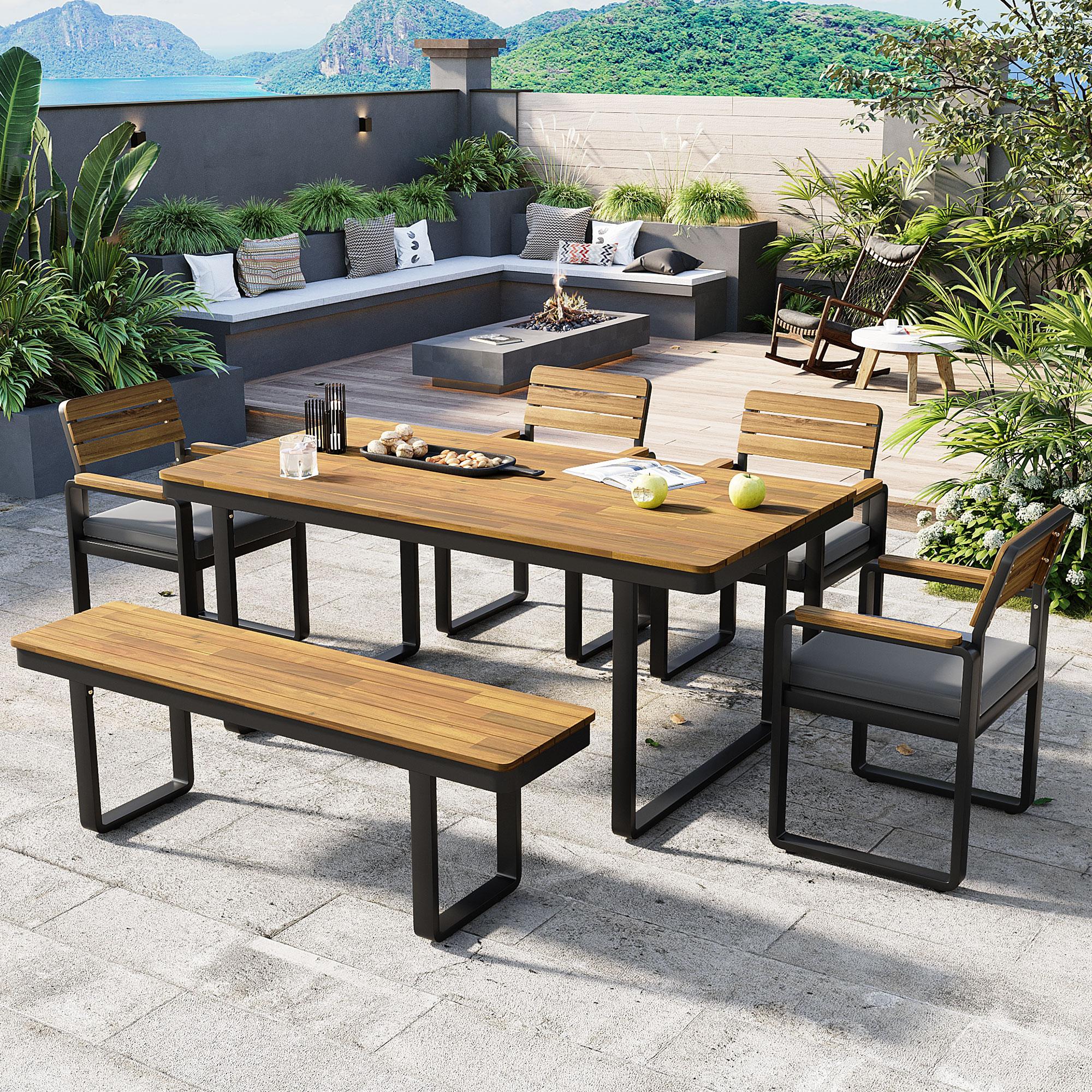 Bayfeve Patio Dining Sets 6 -Piece Natural Patio Dining Set Wood Rectangle Table with 5 Gray Cushions Stationary Chairs