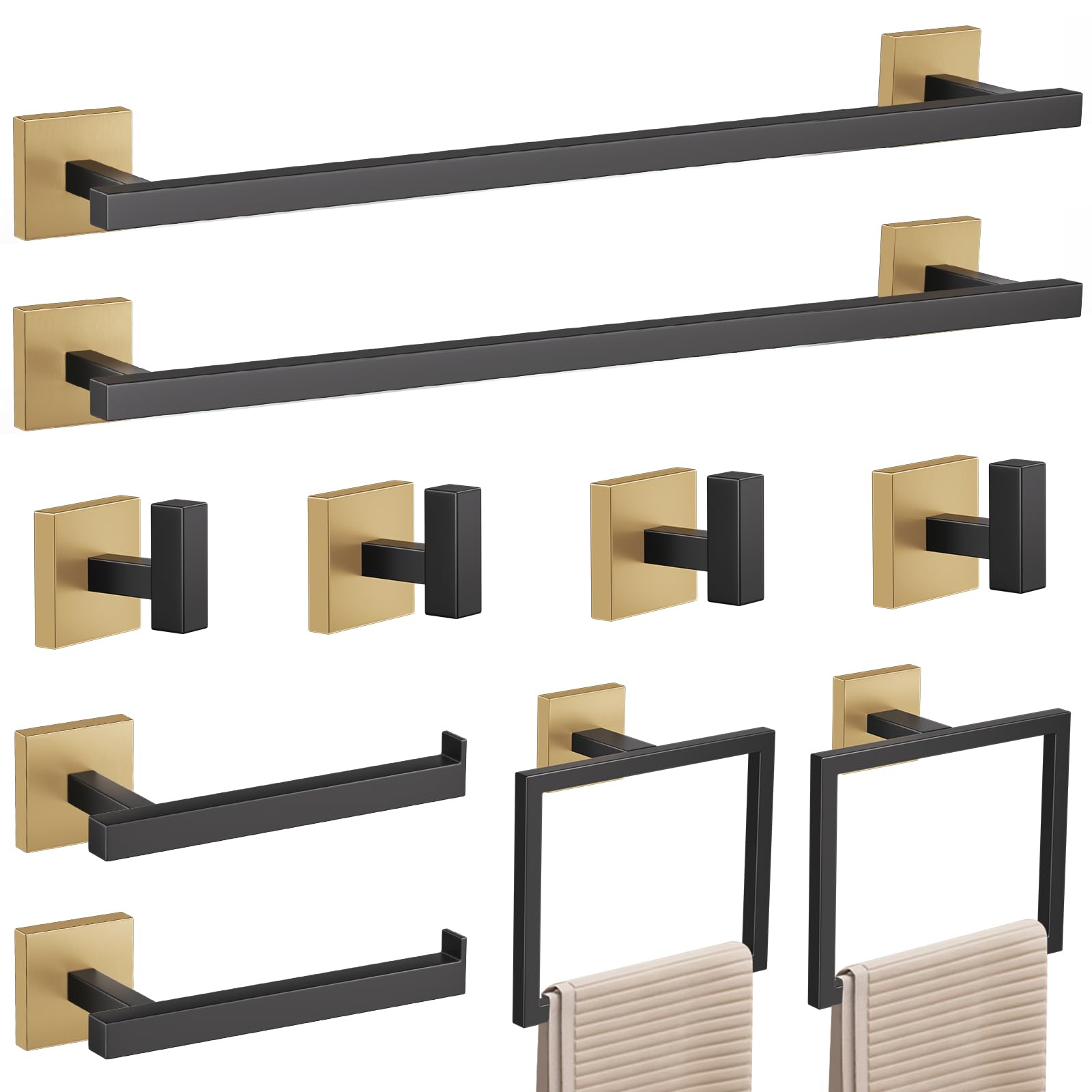 TNSO Black gold 10 Pieces Brushed Nickel Bathroom Hardware Set SUS304 Stainless Steel Wall Mounted Space Saving