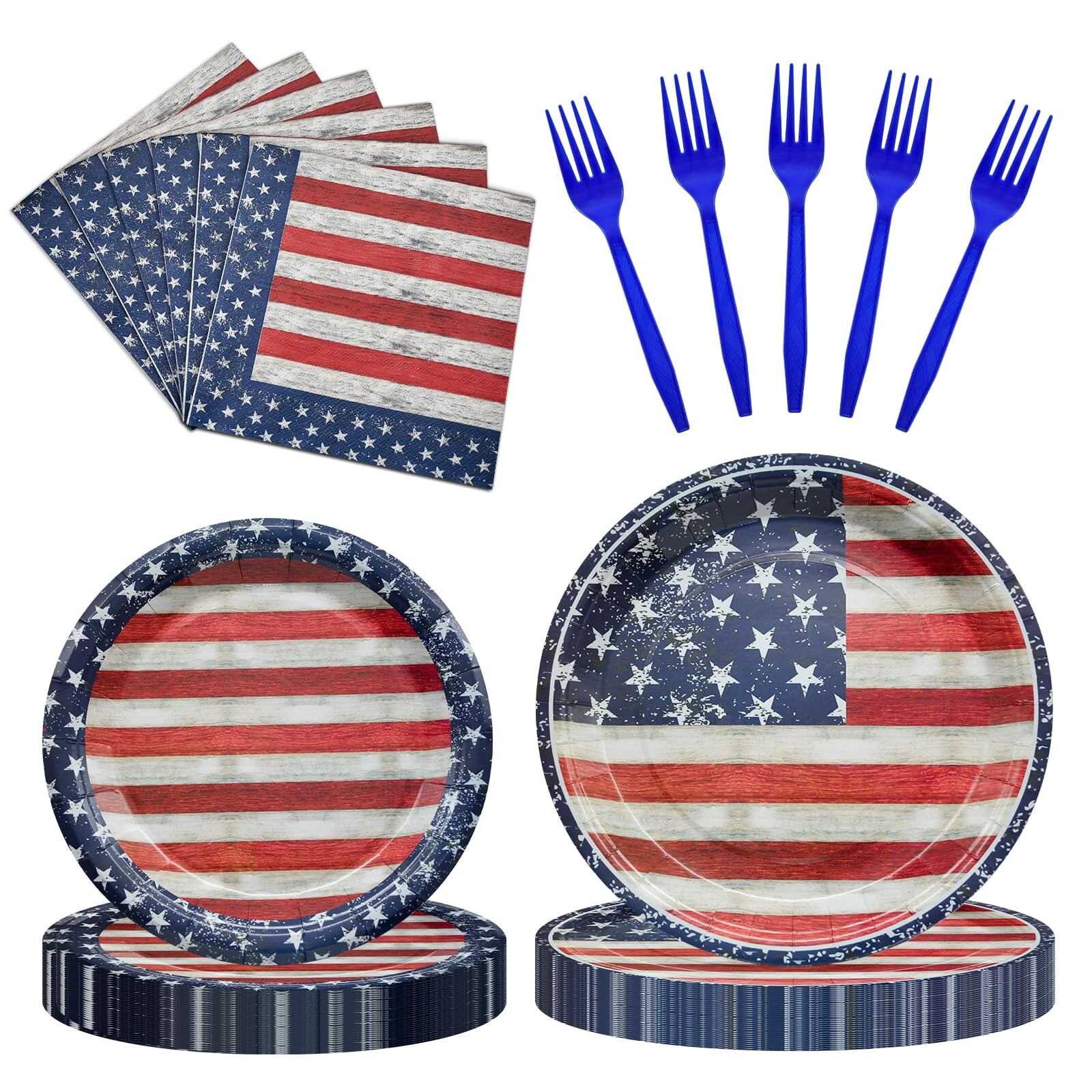 Anqtovp  96 Piece Patriotic Tableware Set American Flag Design Disposable Plates Napkins Forks for Fourth of July Memorial Day Veterans Day BBQ
