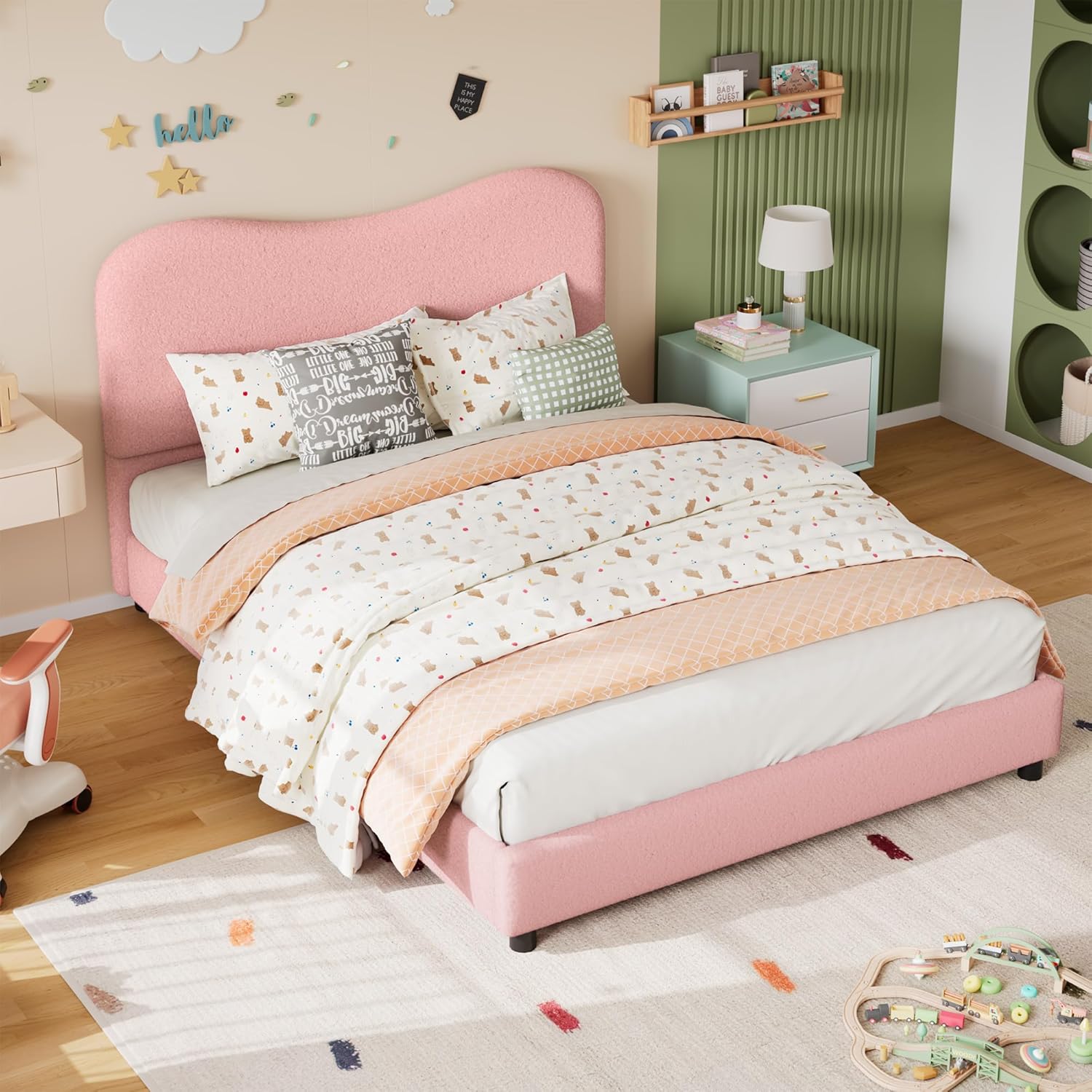 Qeetex LHF-BED-PHK-33JNVX9U Full Bed Frame for Kids with Velvet Upholstered Headboard Cute Low Profile Platform Bed for Girls and Boys No Box Spring Needed Strong Wooden Slats Noise Free Easy Assembly Pink