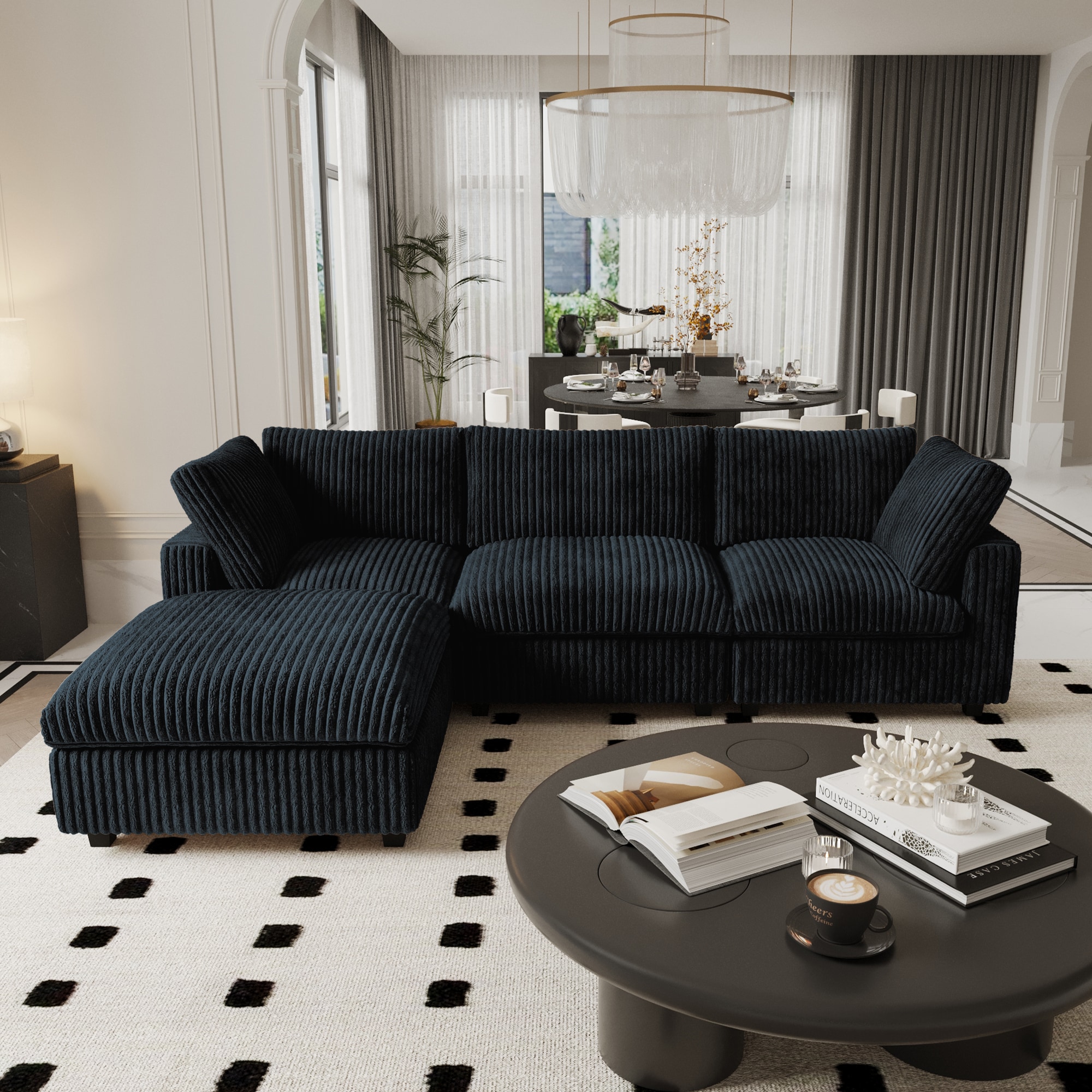 BuotiqHom DH-SF3+1-141BK 118-in Modern Black (3 Seats+1 Ottoman) Velvet 3 -seater Sectional