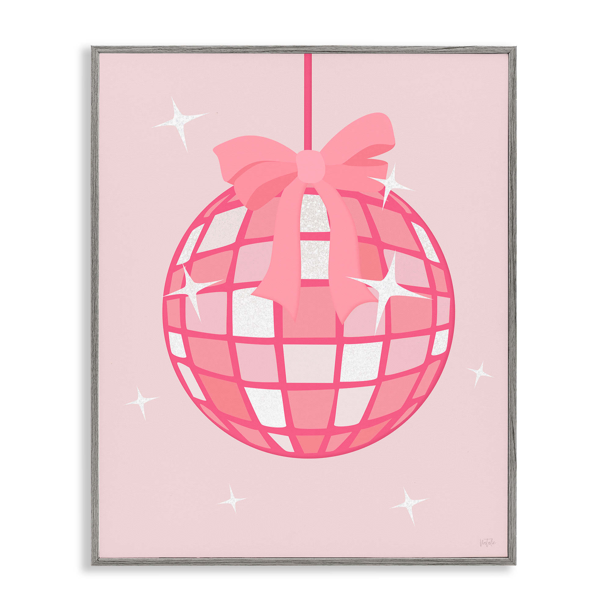 Stupell Industries BS-195-GFF-24X30 Pink Disco Ball with Ribbon Gray Framed Giclee Art By Natalie Carpentieri 24 x 30