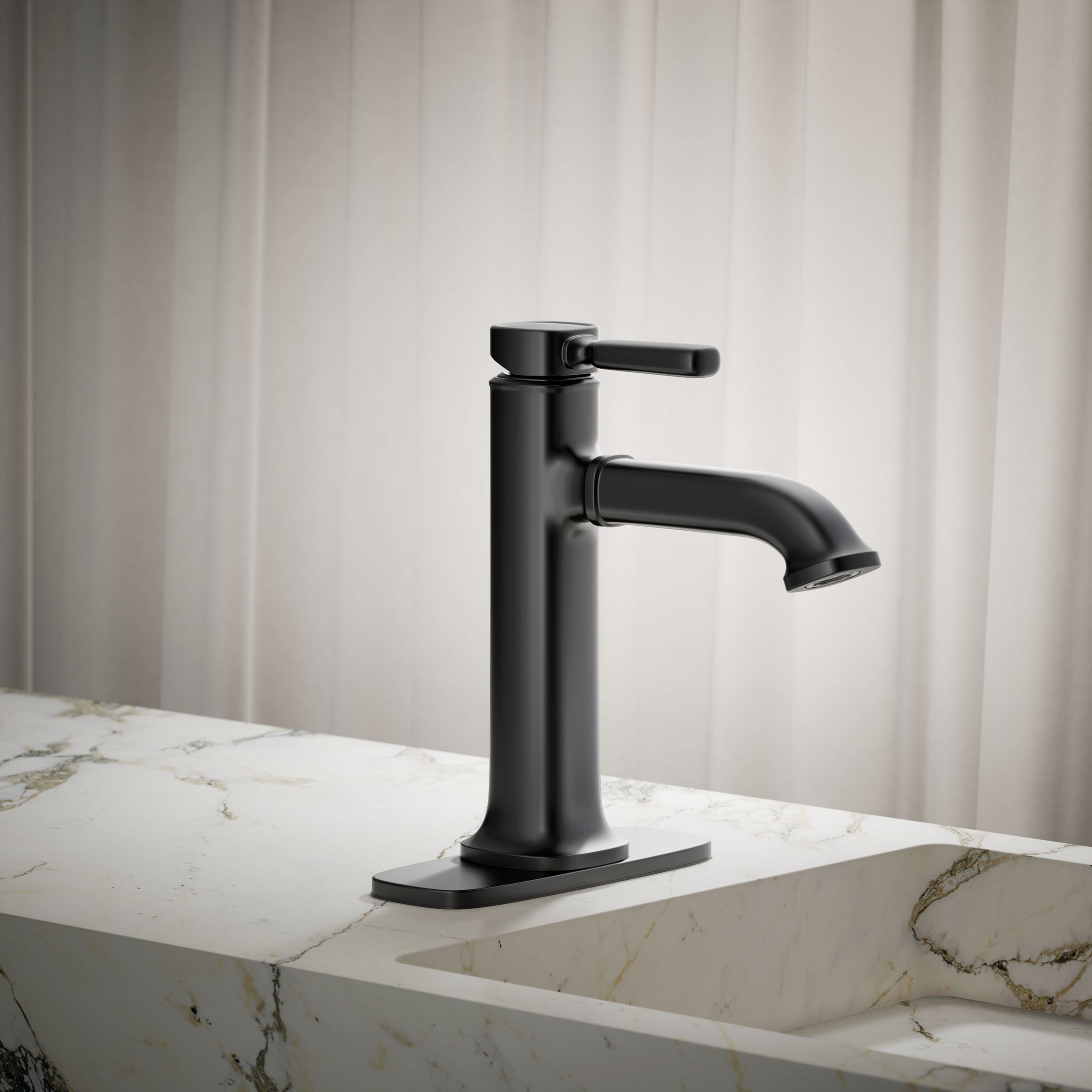 KOHLER K-R33042-4D-BL Ealing Matte Black Single hole 1-handle WaterSense Mid-arc Residential Handle Bathroom Sink Faucet with Drain with Deck Plate